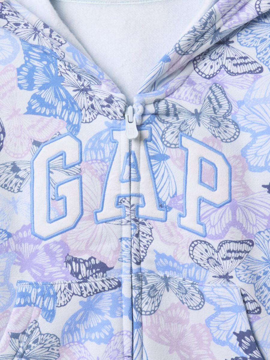Light blue full-zip sweatshirt with hood, butterflies print and logo embroidery_2