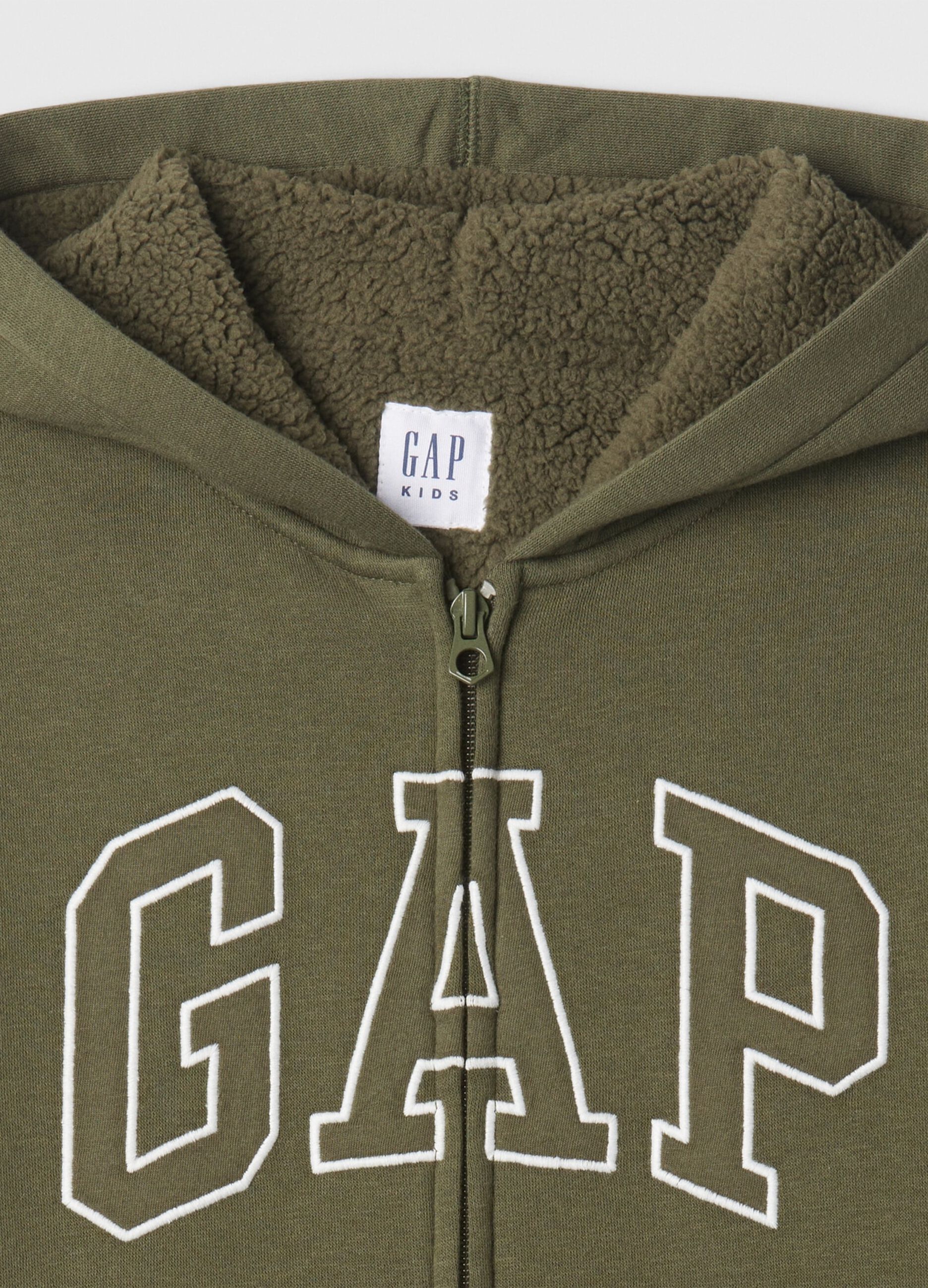 Full-zip sweatshirt and hood with sherpa lining