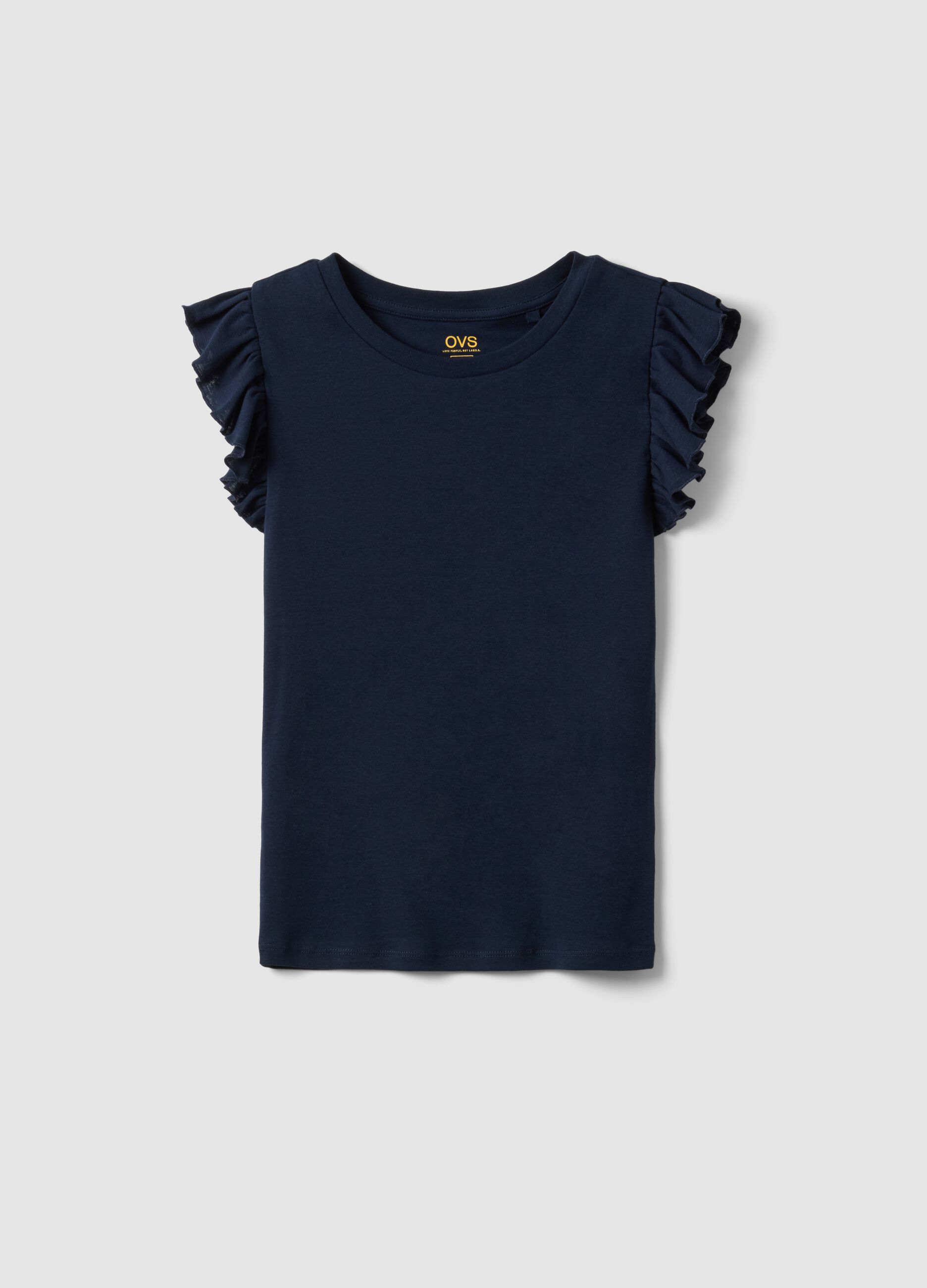 Slim fit blue pure cotton T-shirt with ruffles