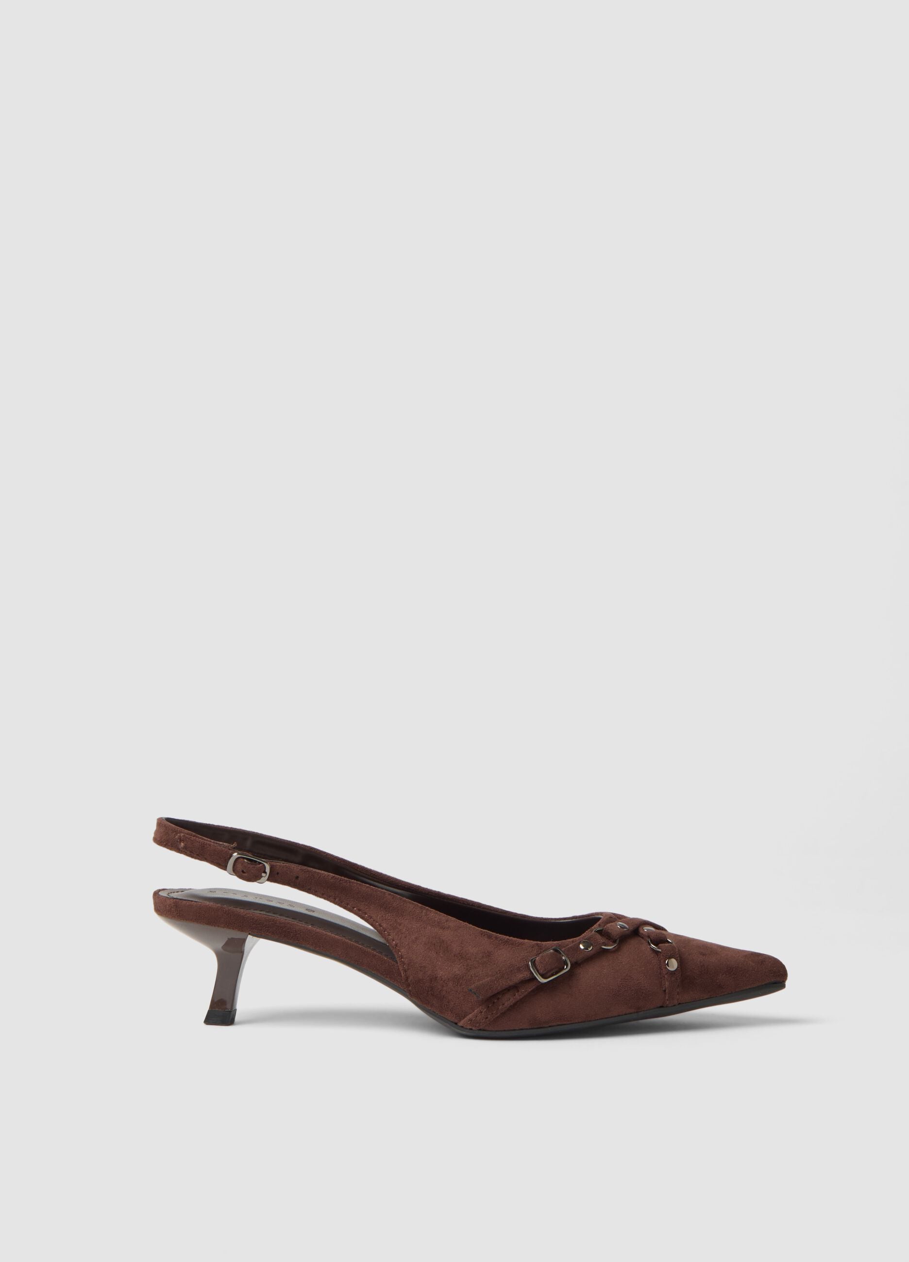 Brown slingback court shoes with heel and buckles