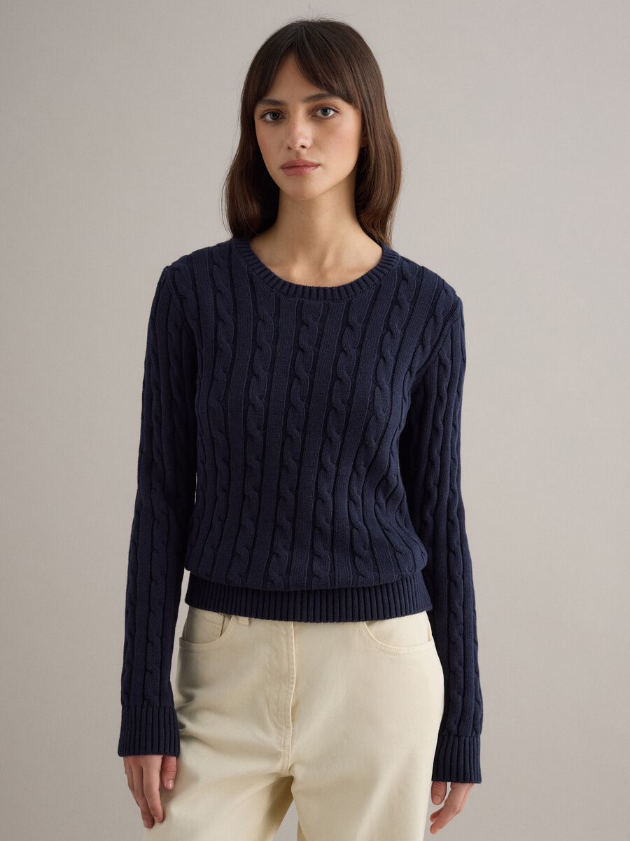 Blue sweater in pure cotton with regular fit and cable knit_1