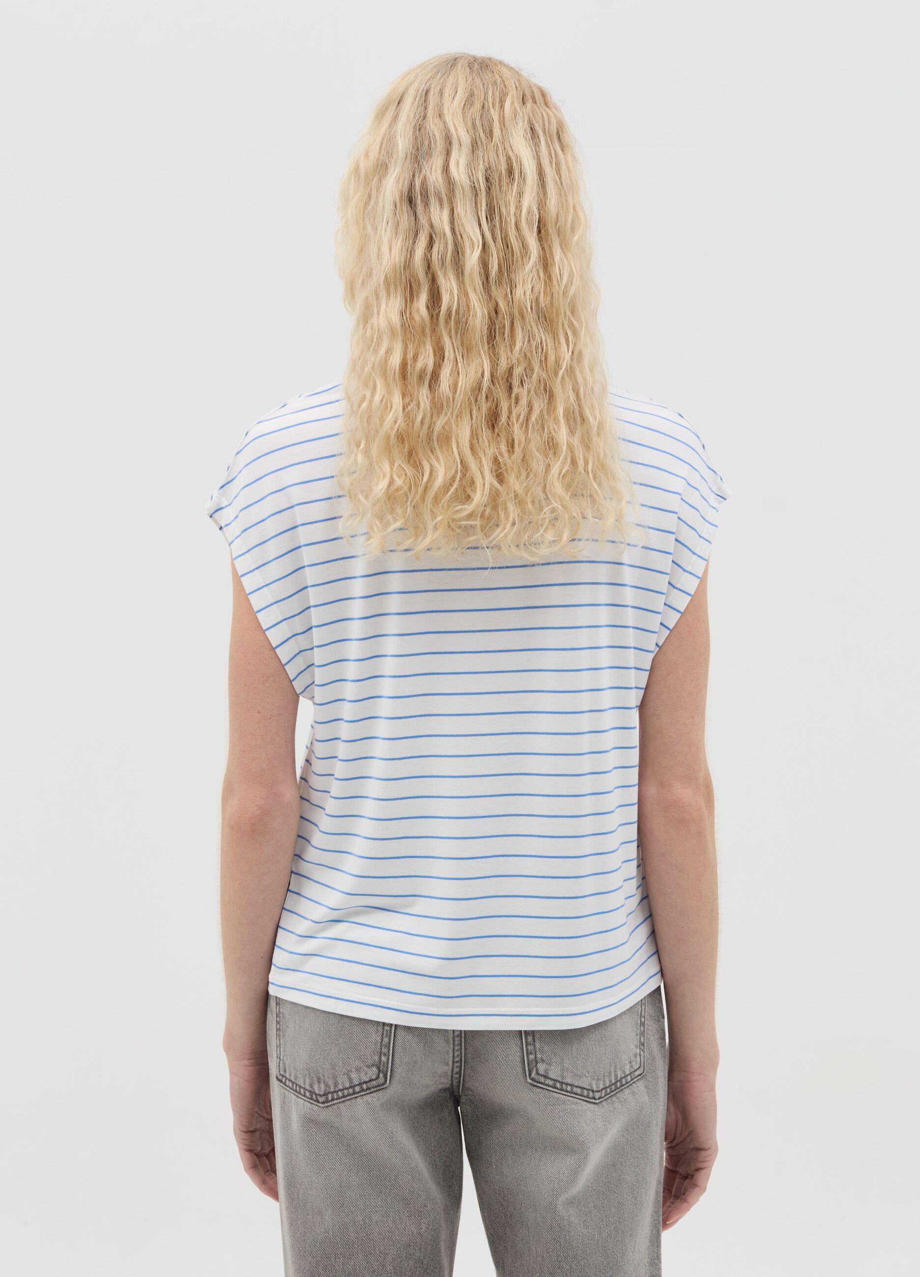 White and light blue striped T-shirt with short sleeves