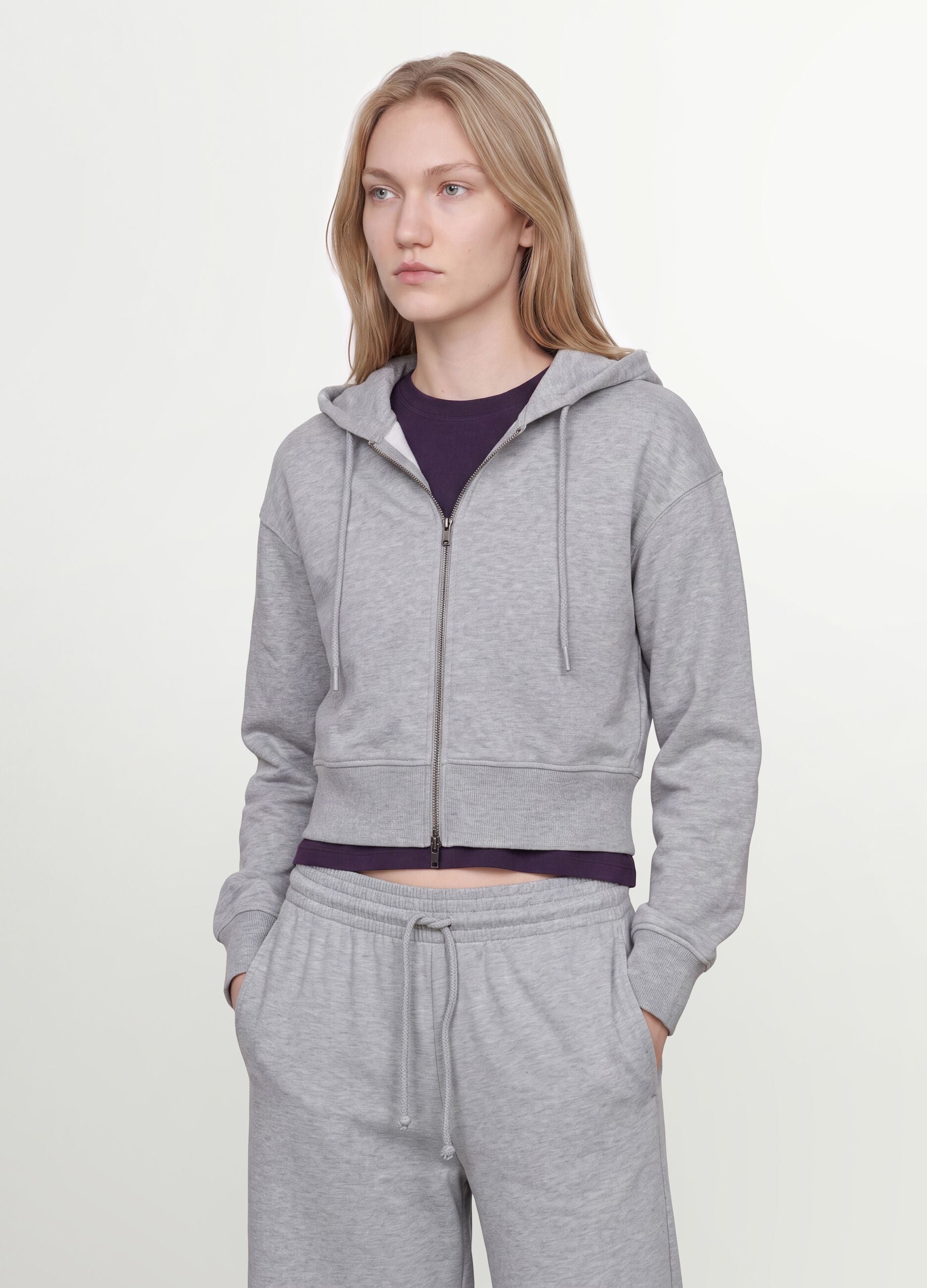 Grey full-zip cotton-blend hoodie, fitted