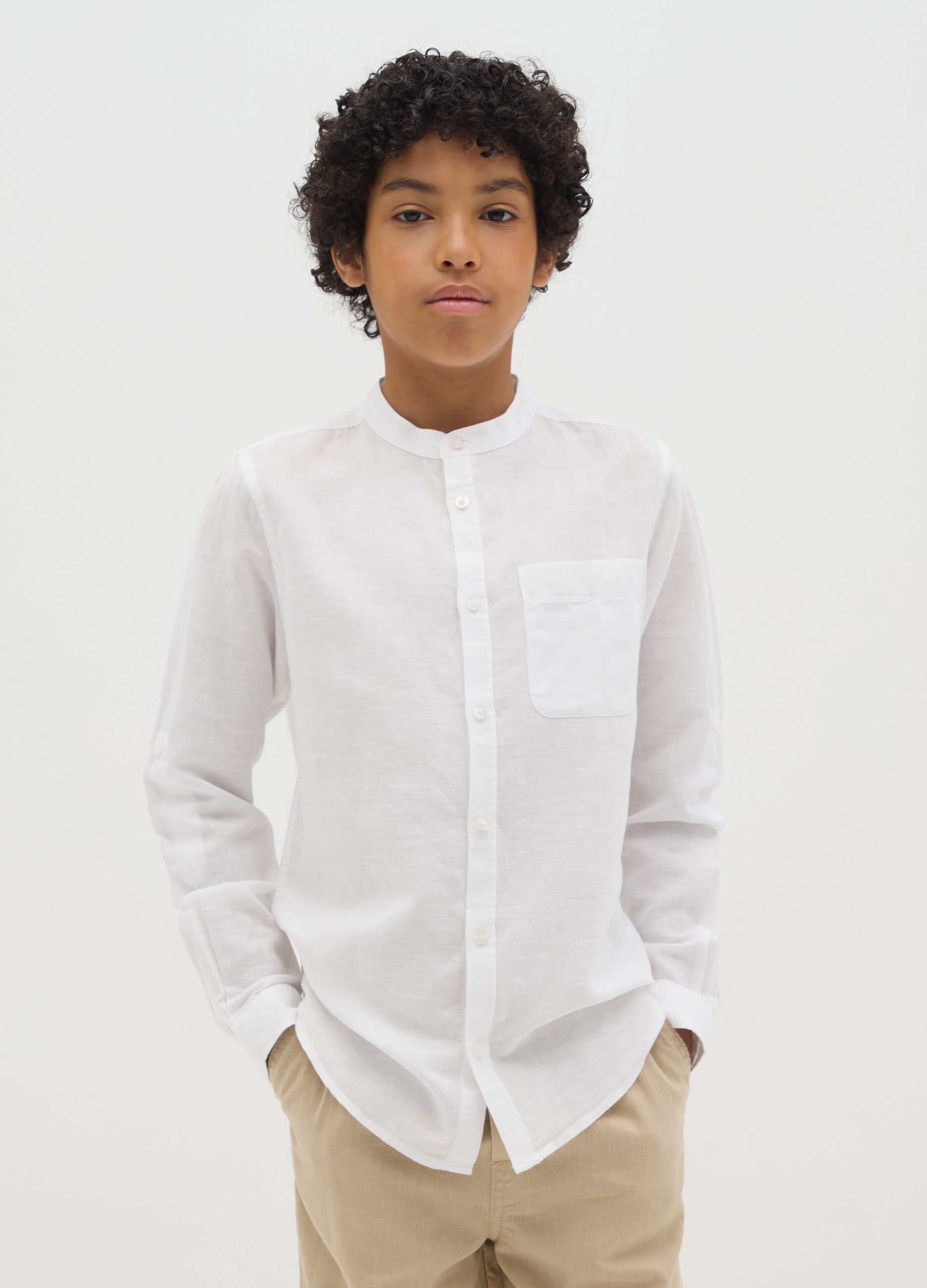 Boy's white linen-cotton blend shirt regular fit with classic collar
