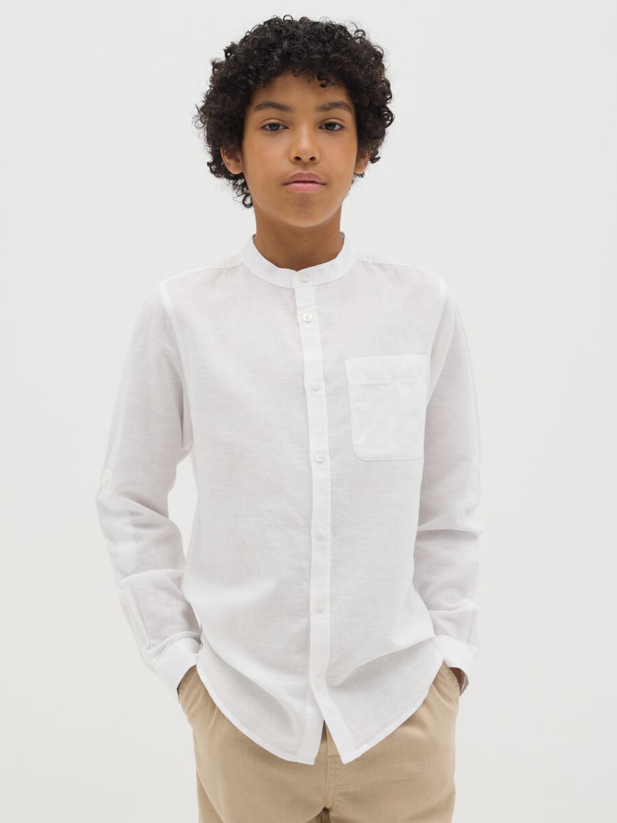 Boy's white linen-cotton blend shirt regular fit with classic collar_0
