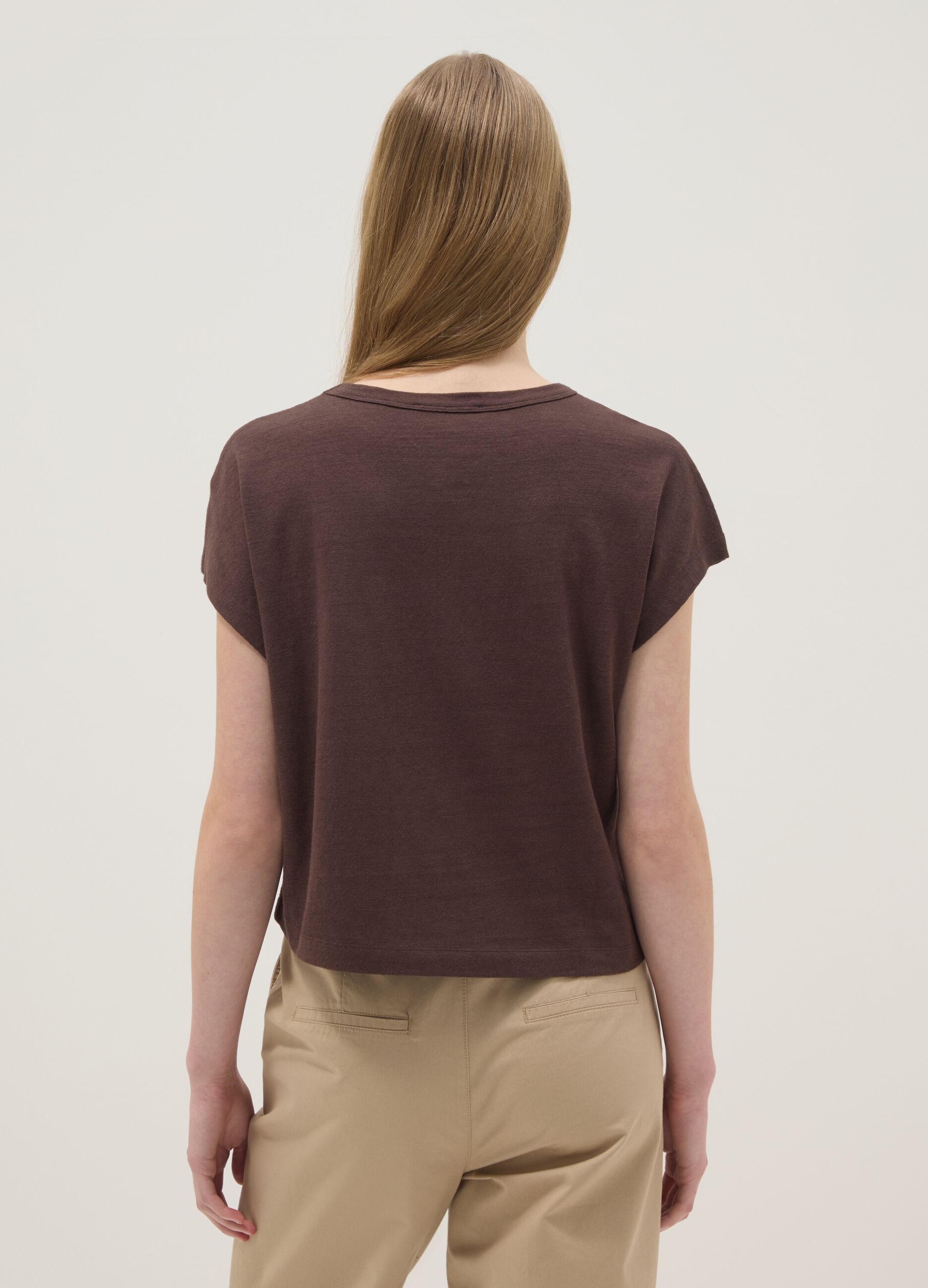Brown cotton-linen blend short-sleeve T-shirt, regular fit