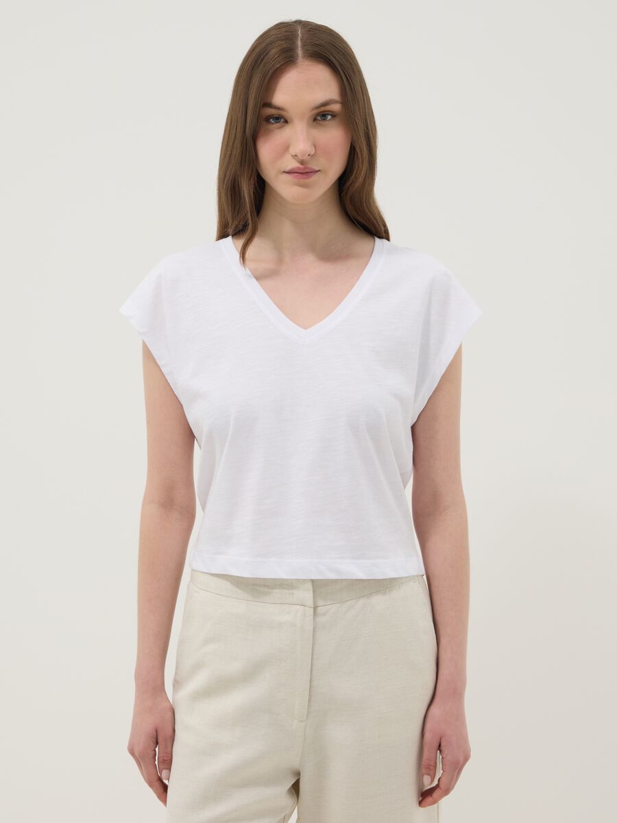 White pure cotton V-neck T-shirt_1