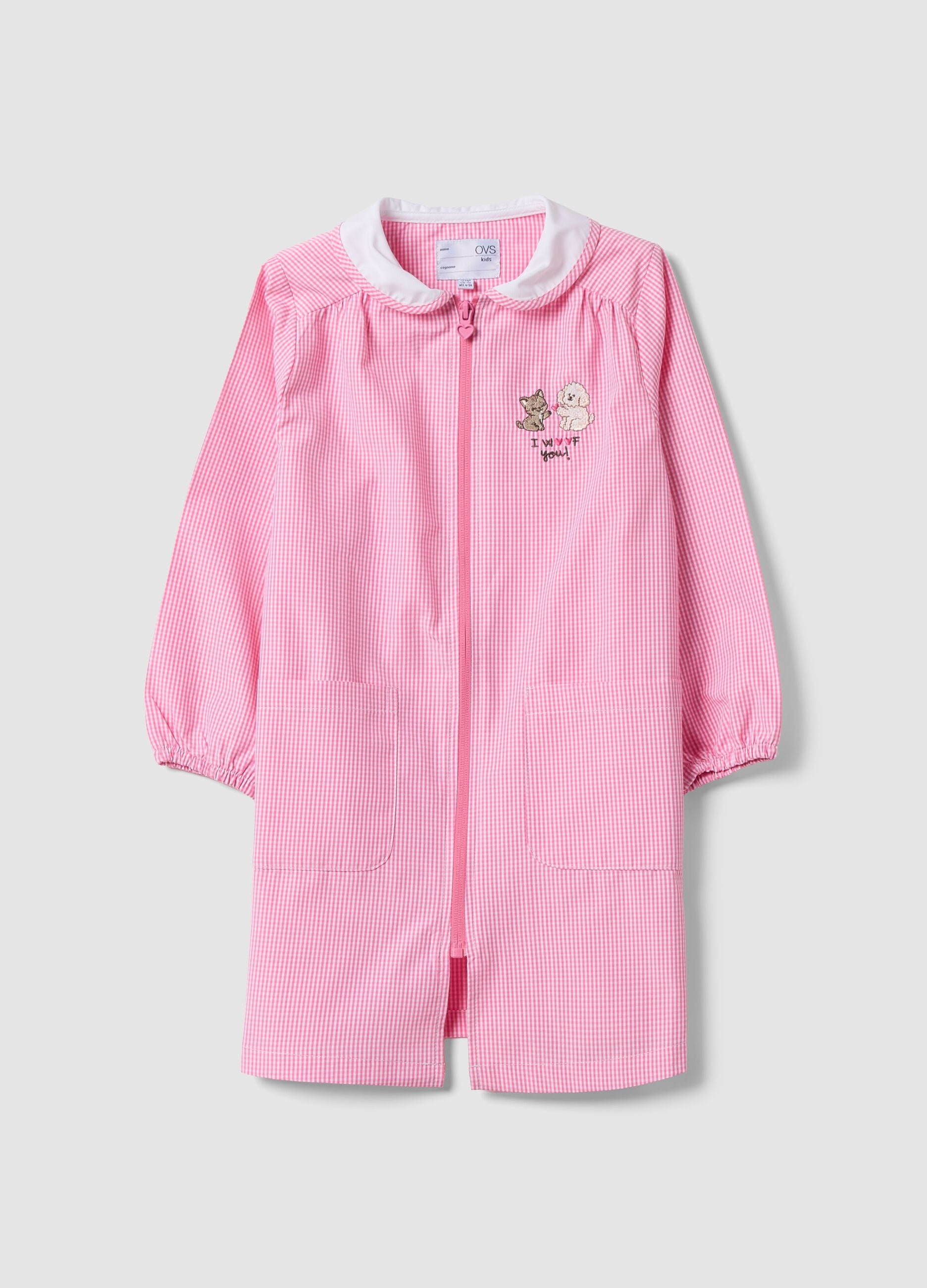 Pink gingham nursery smock with zip and cute animal embroidery