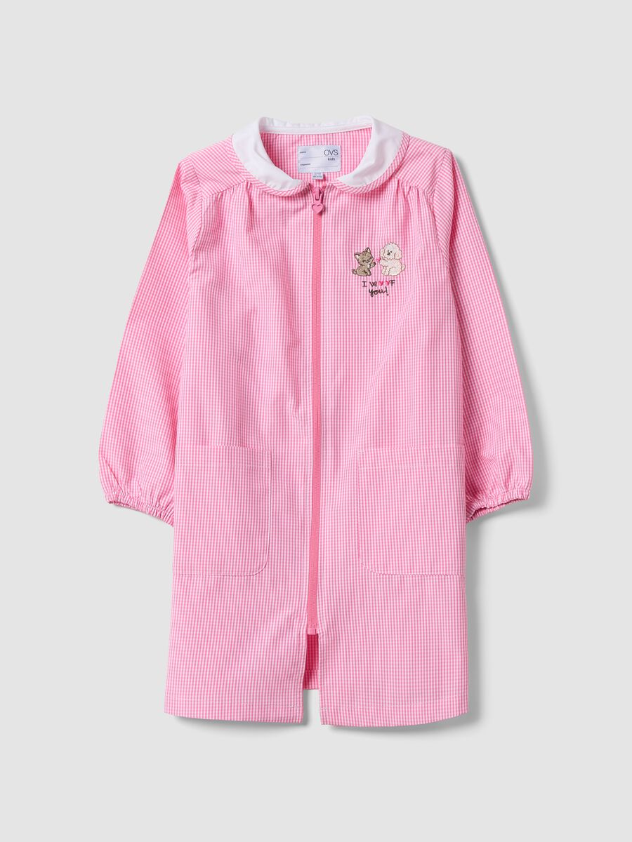 Pink gingham nursery smock with zip and cute animal embroidery_0