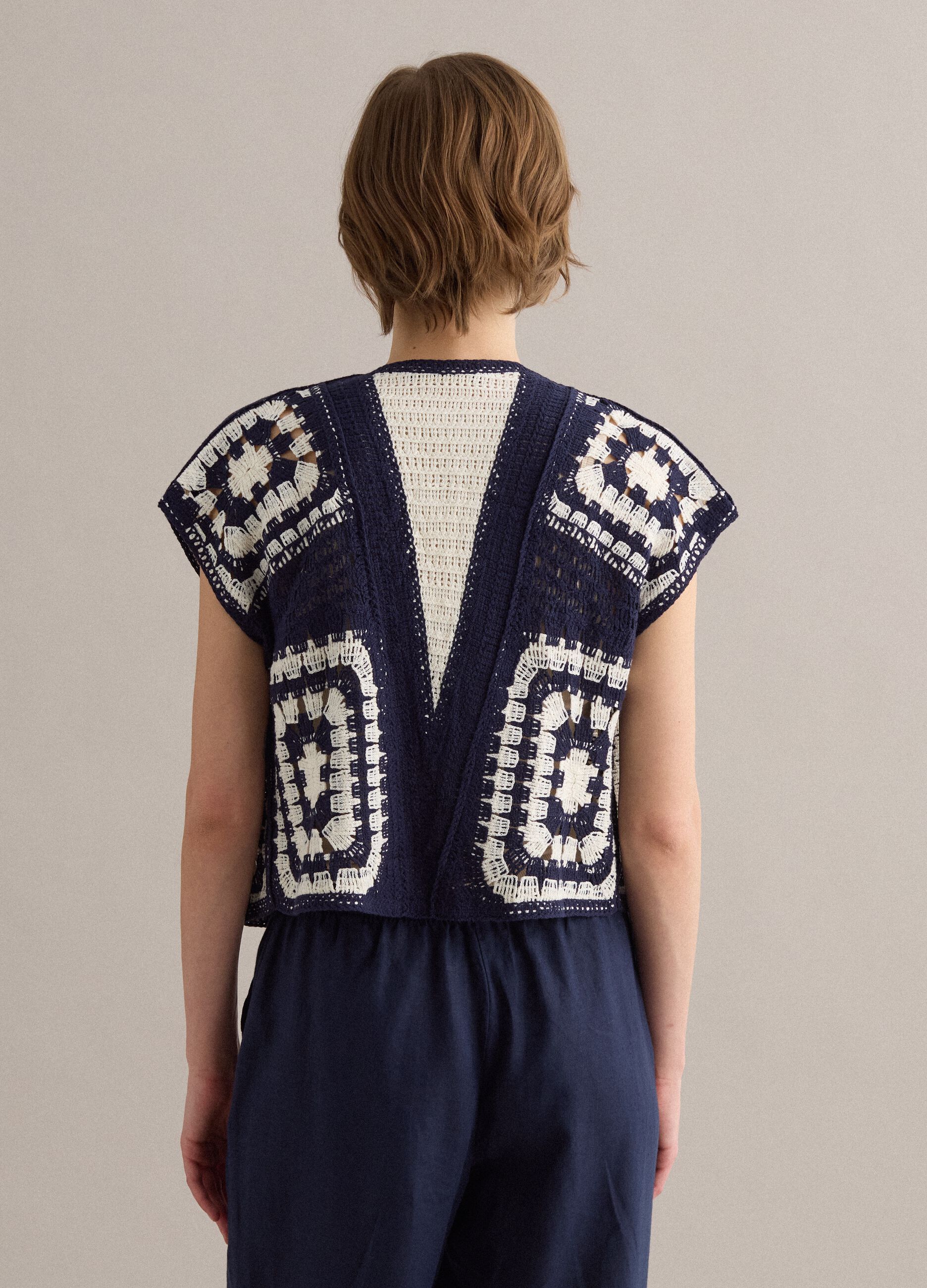 Blue and white regular-fit crochet cotton-blend gilet