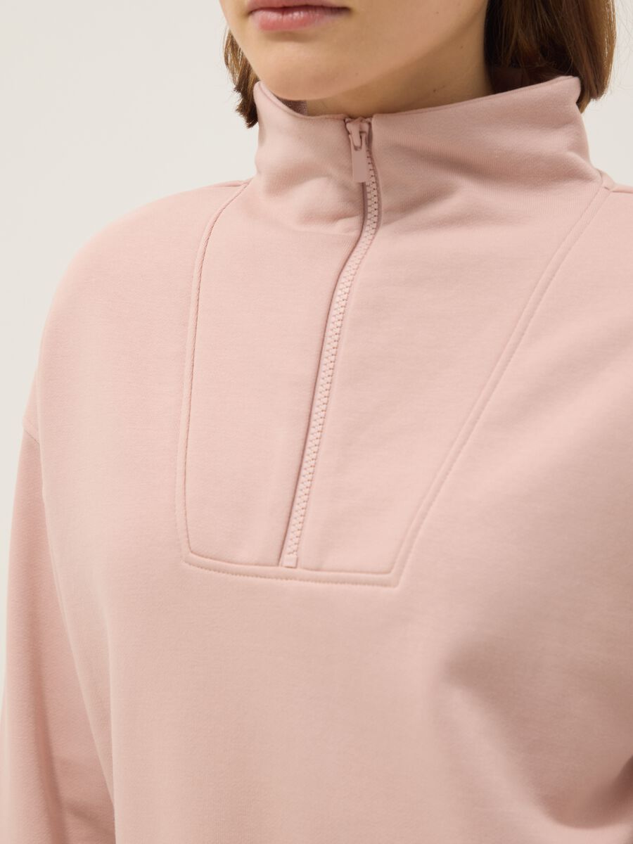 Regular fit pink cotton blend sweatshirt with half zip and high collar_3