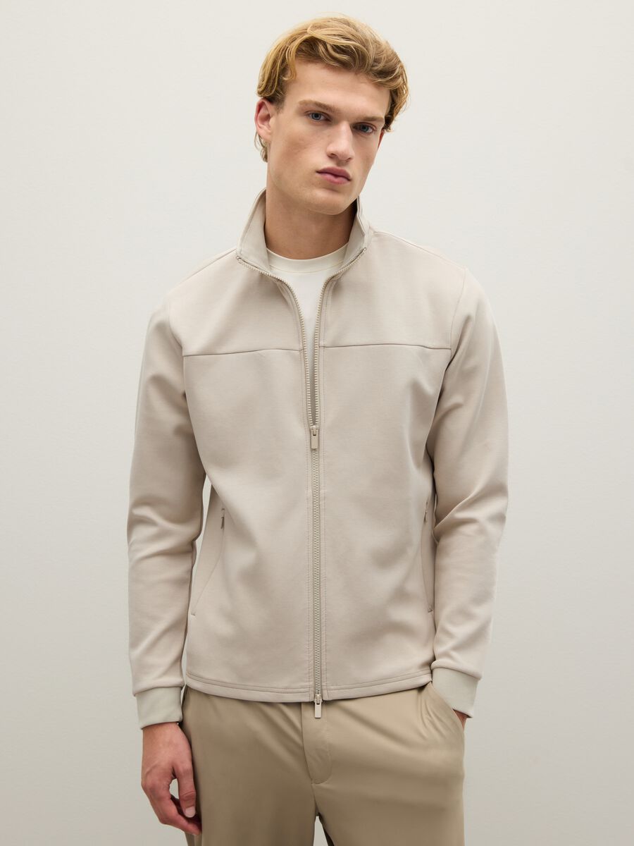Beige cotton blend zip-up sweatshirt with regular fit_1