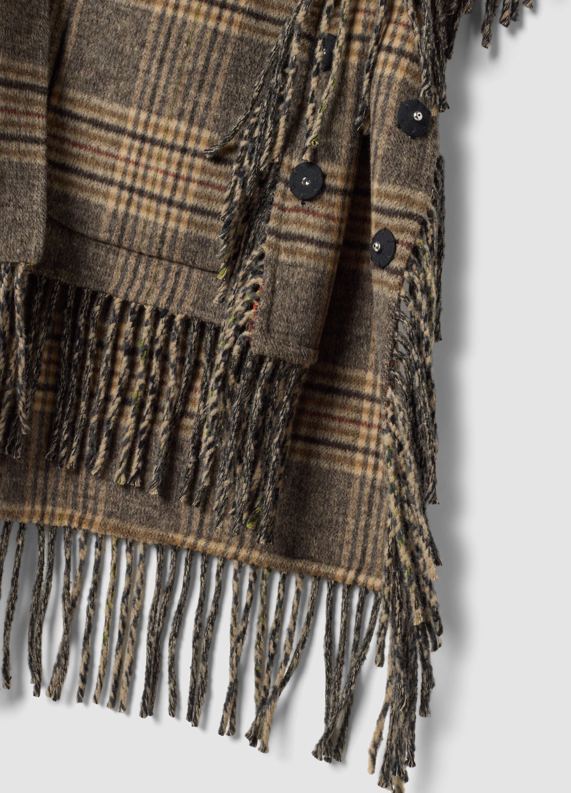Brown checked wool and viscose blend cape with fringed trim