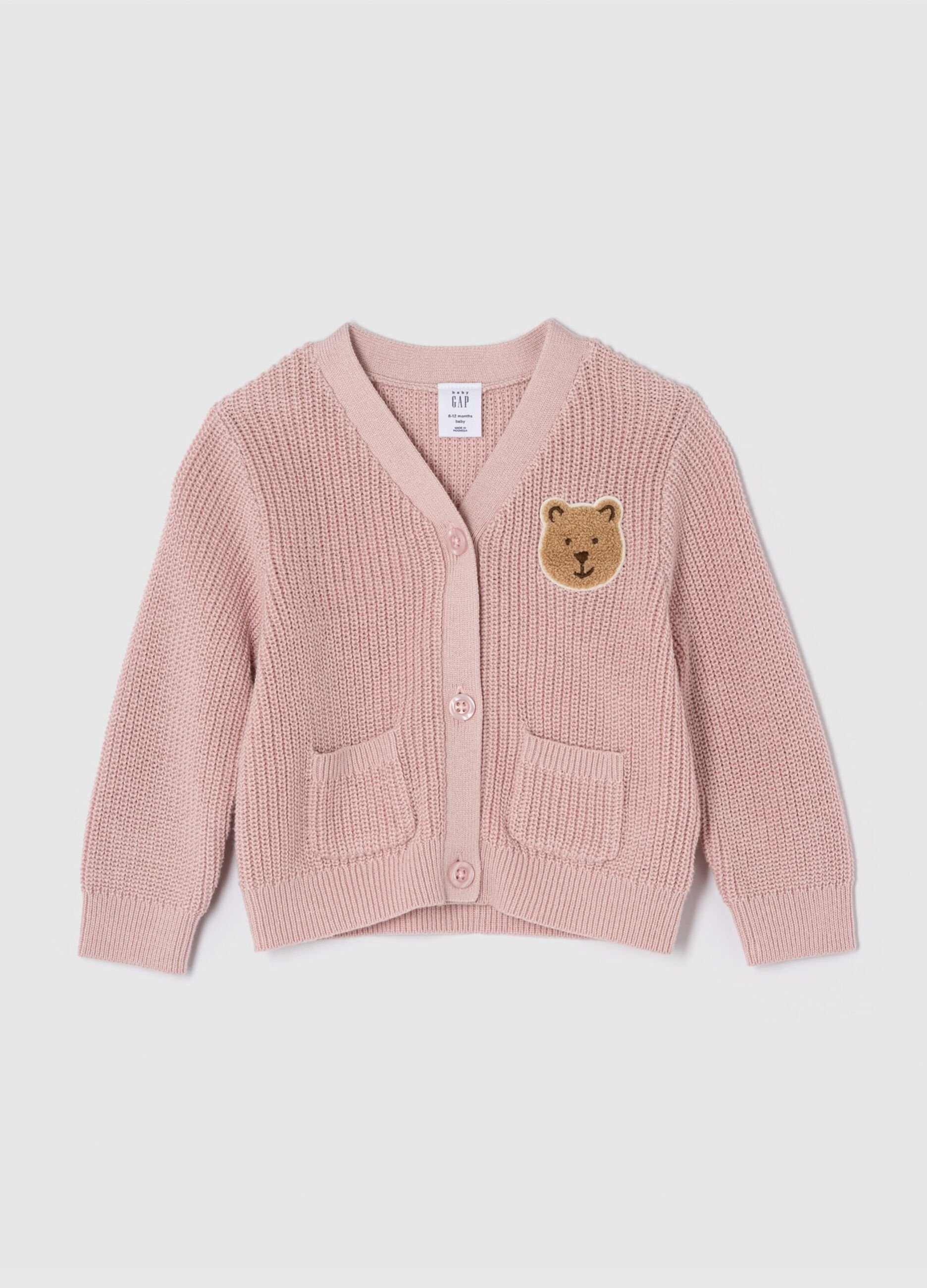 Pullover with V neck and bouclé teddy bear patch