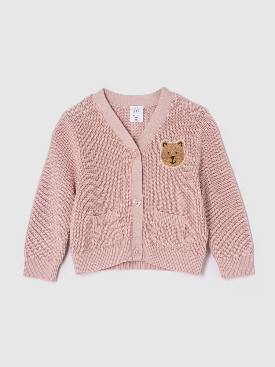 Pullover with V neck and bouclé teddy bear patch_0