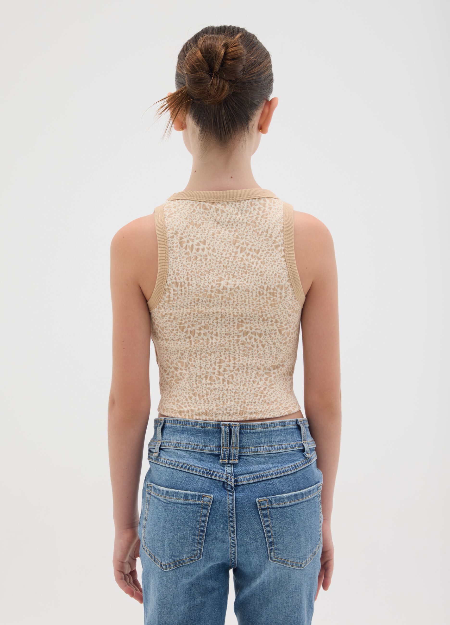Canotta da ragazza in cotone elasticizzato beige con fantasia fitted
