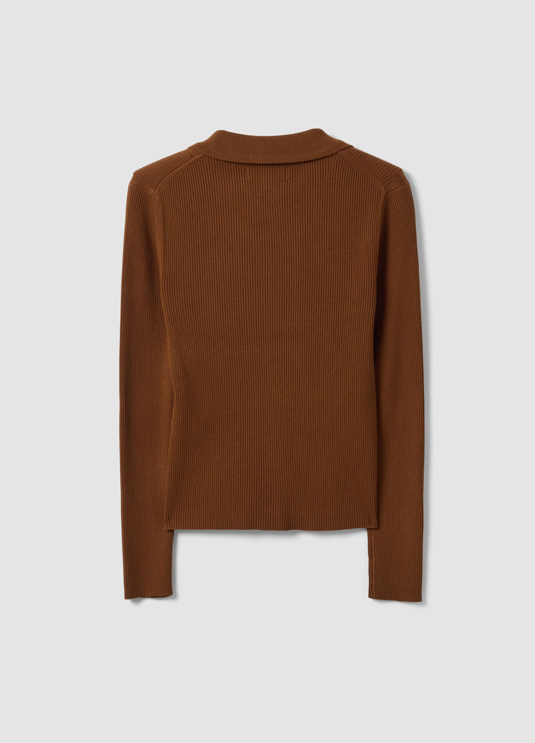 Brown fitted ribbed viscose-blend cardigan with polo collar