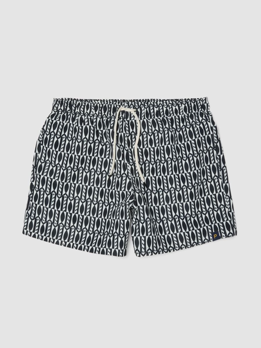 Blue swim shorts with graphic print_0