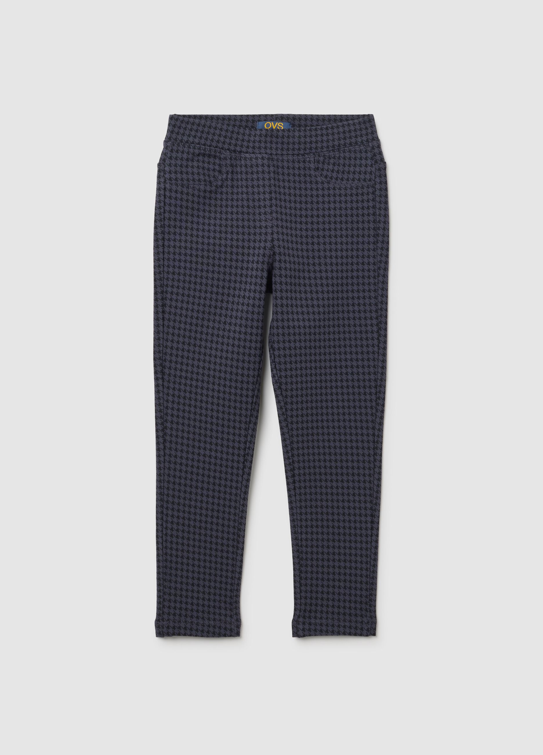 Girl's Blue Cotton Blend Leggings with Houndstooth Pattern