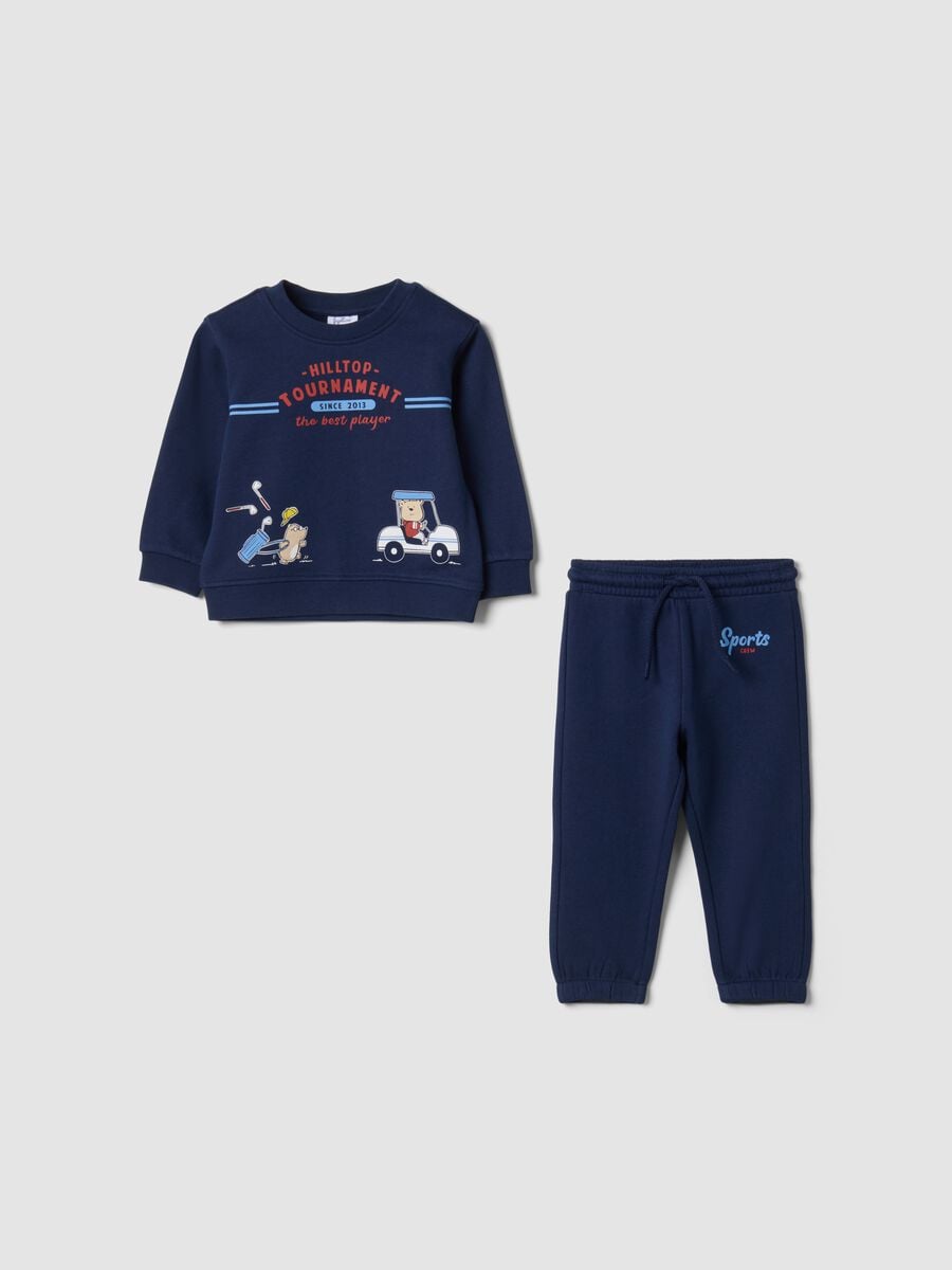 Completo jogging blu in puro cotone con stampa sportiva_0