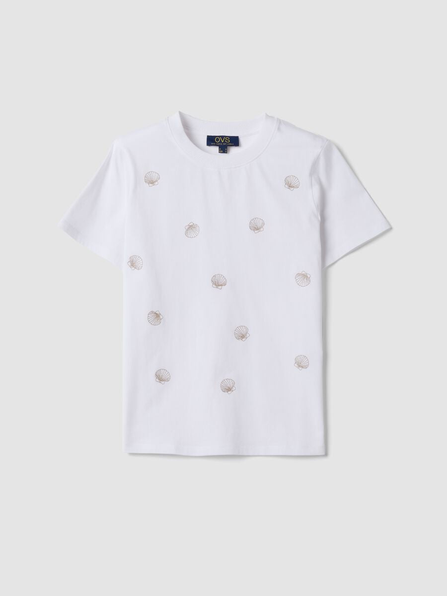 White pure cotton T-shirt with seashell print_0