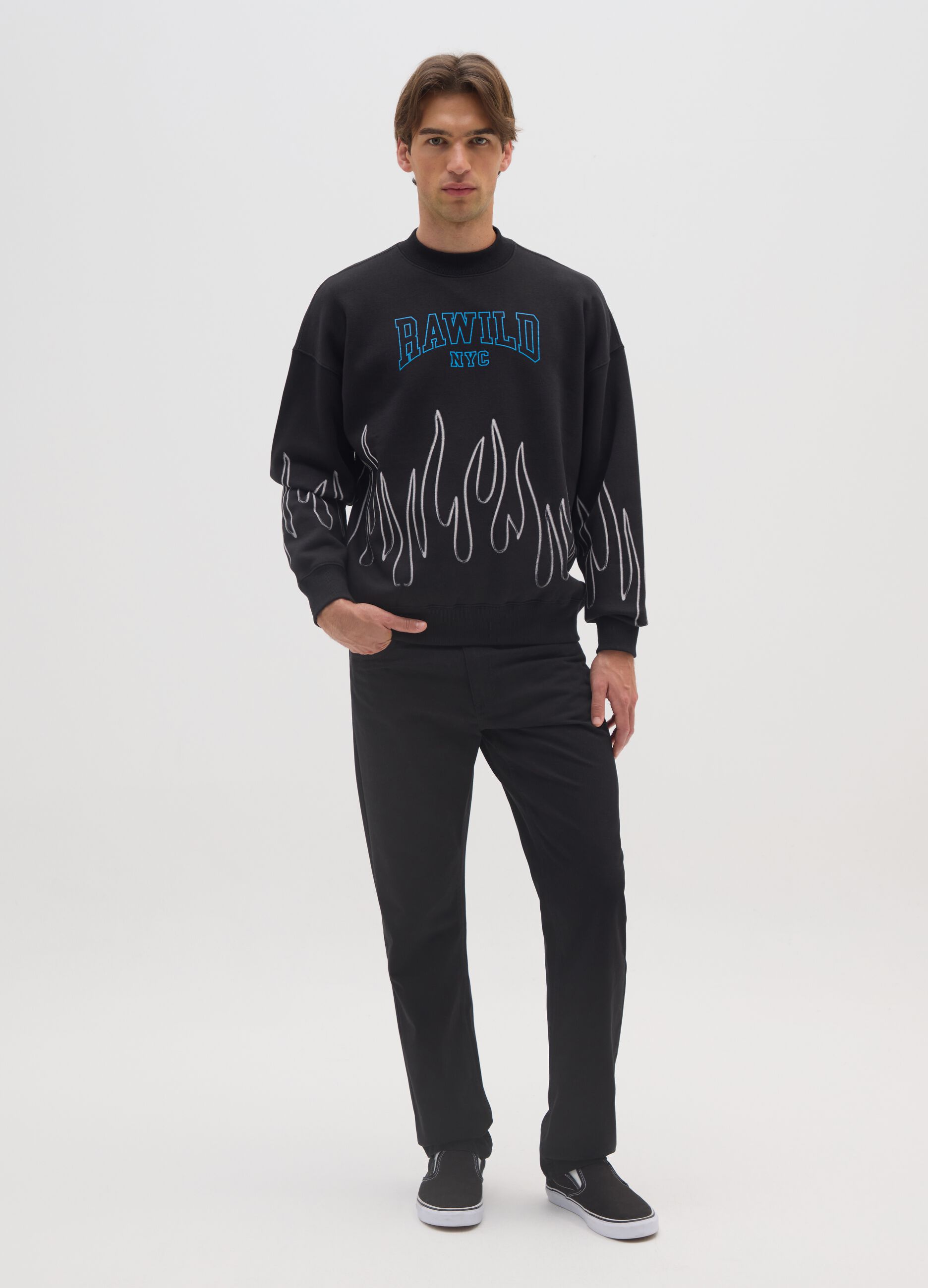 Black cotton blend sweatshirt with print and crew neck