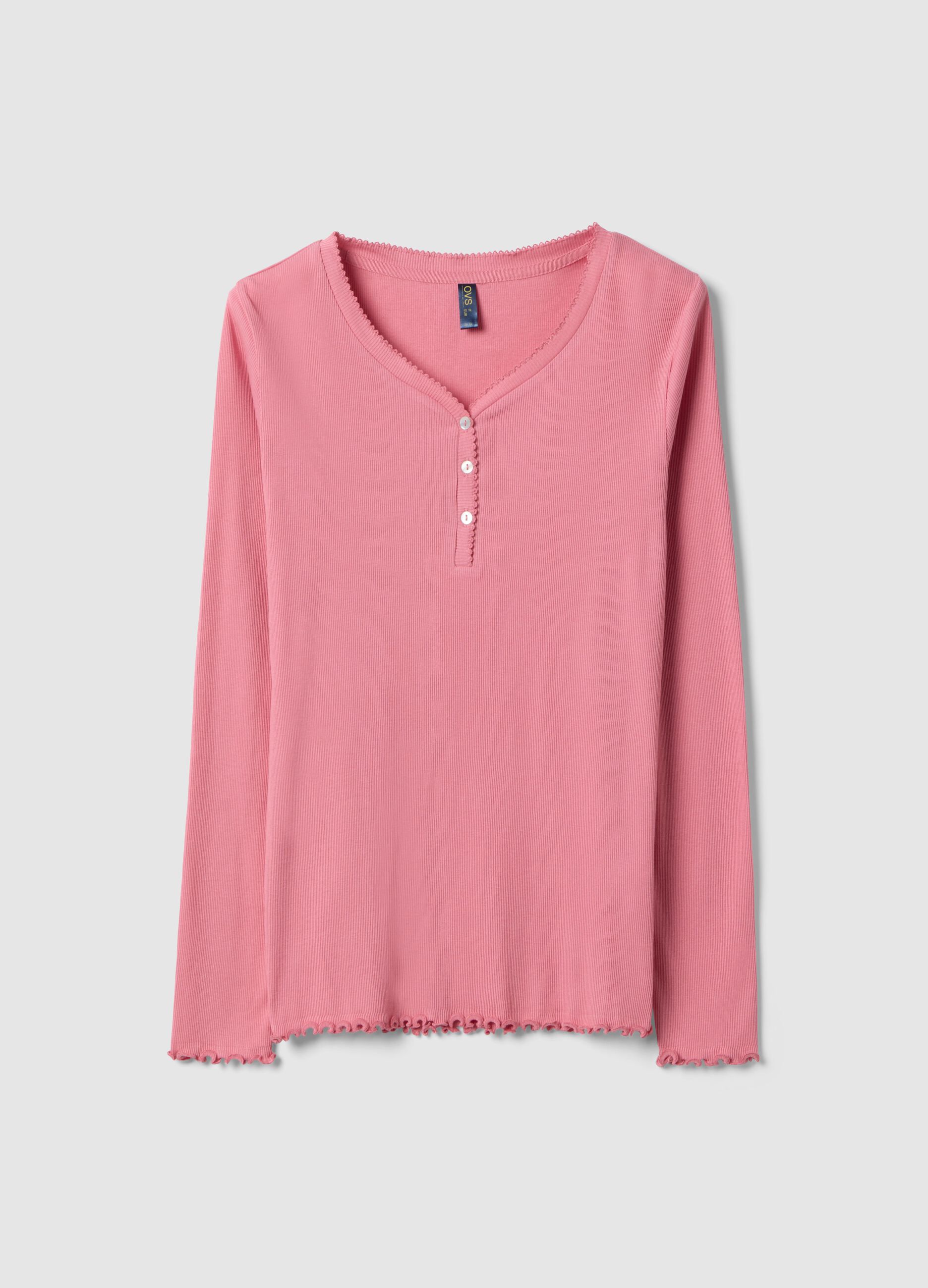 Pure cotton pink pyjama top with serafino neckline, regular fit