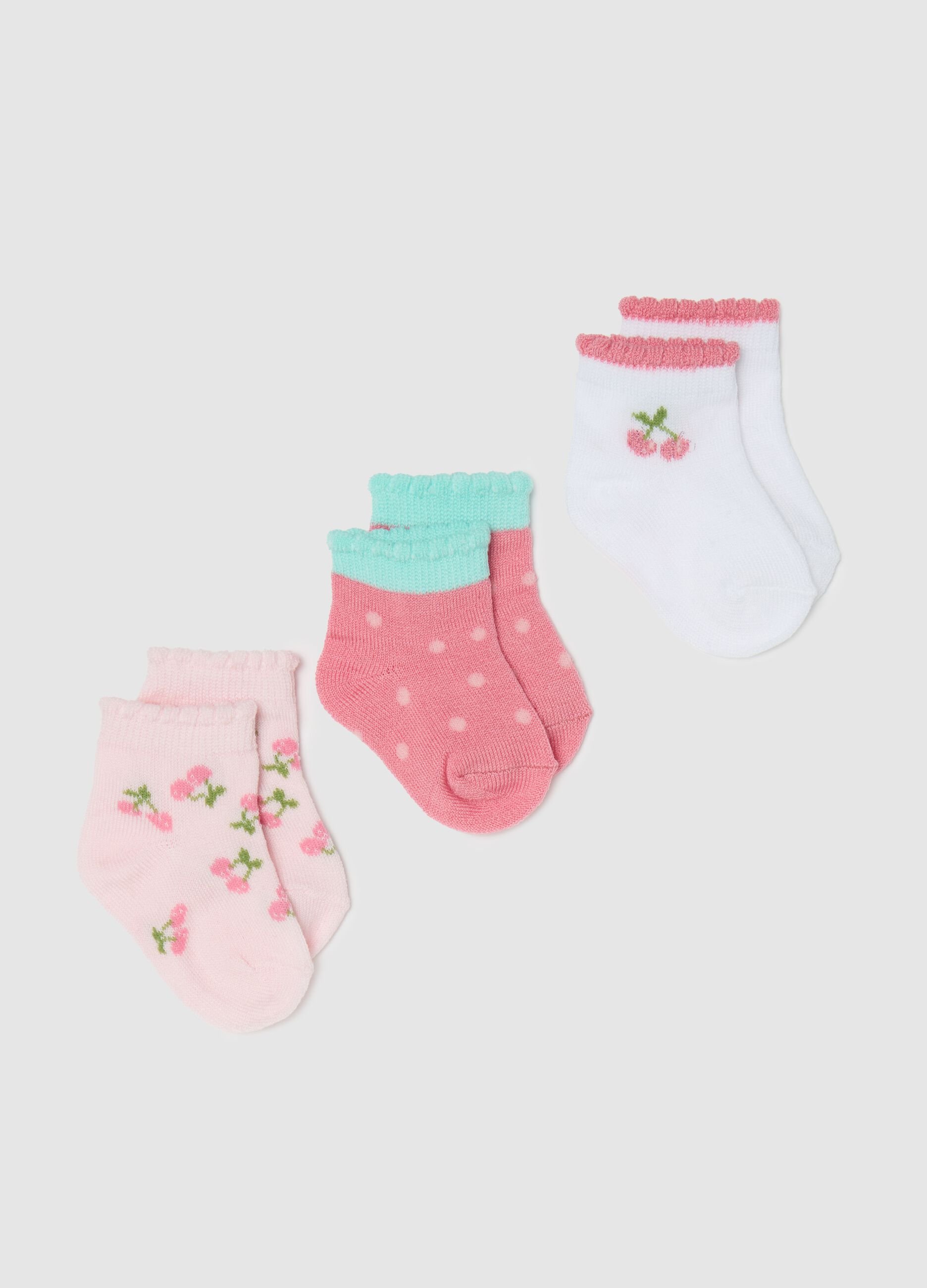 Three-pair pack stretch short socks with cherries design