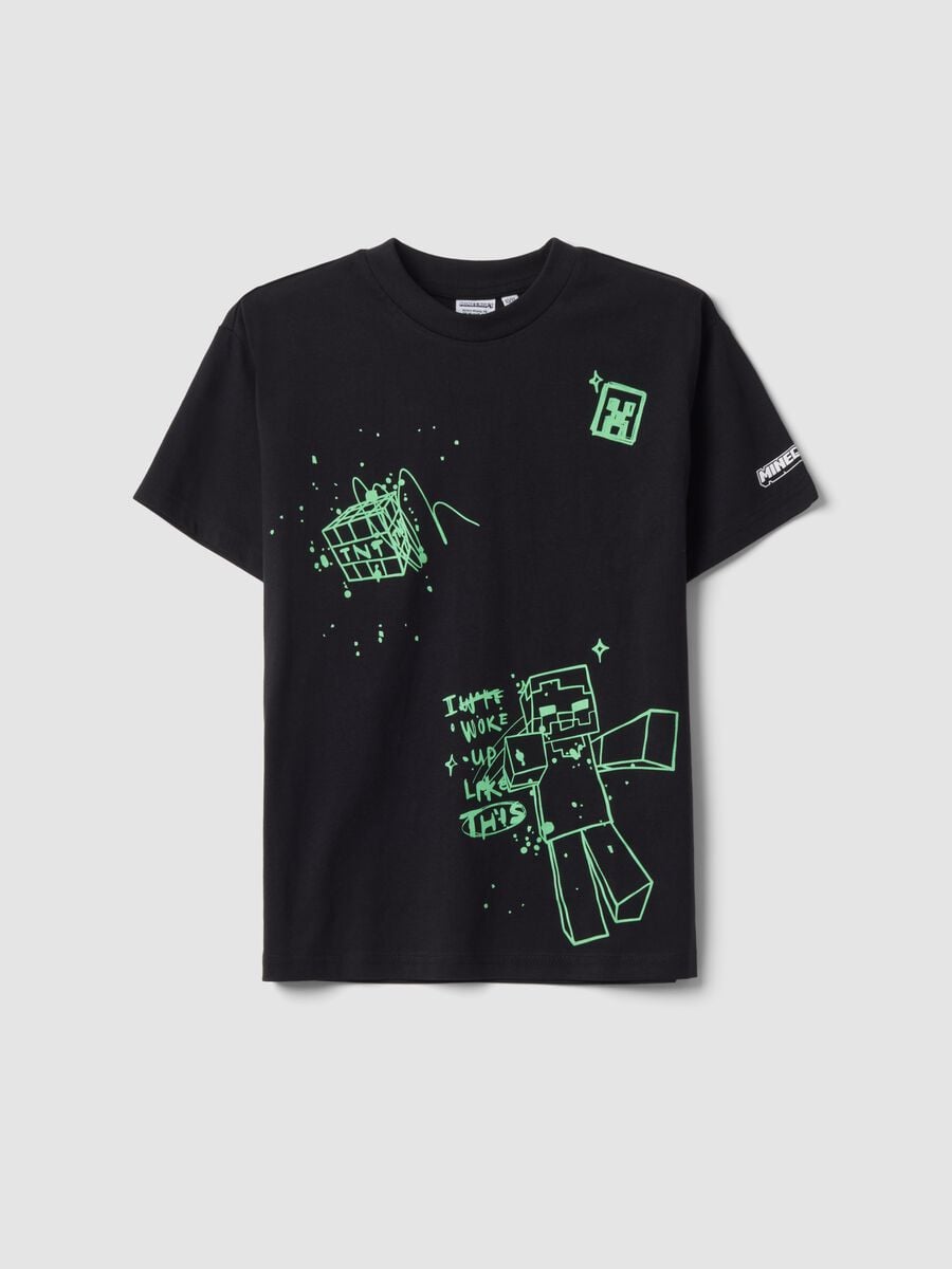 T-shirt nera in puro cotone con girocollo stampa Minecraft_0