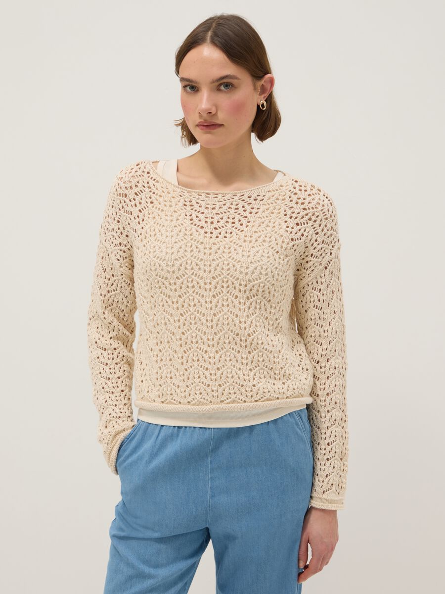 Beige pure cotton jumper regular fit with perforated design_0