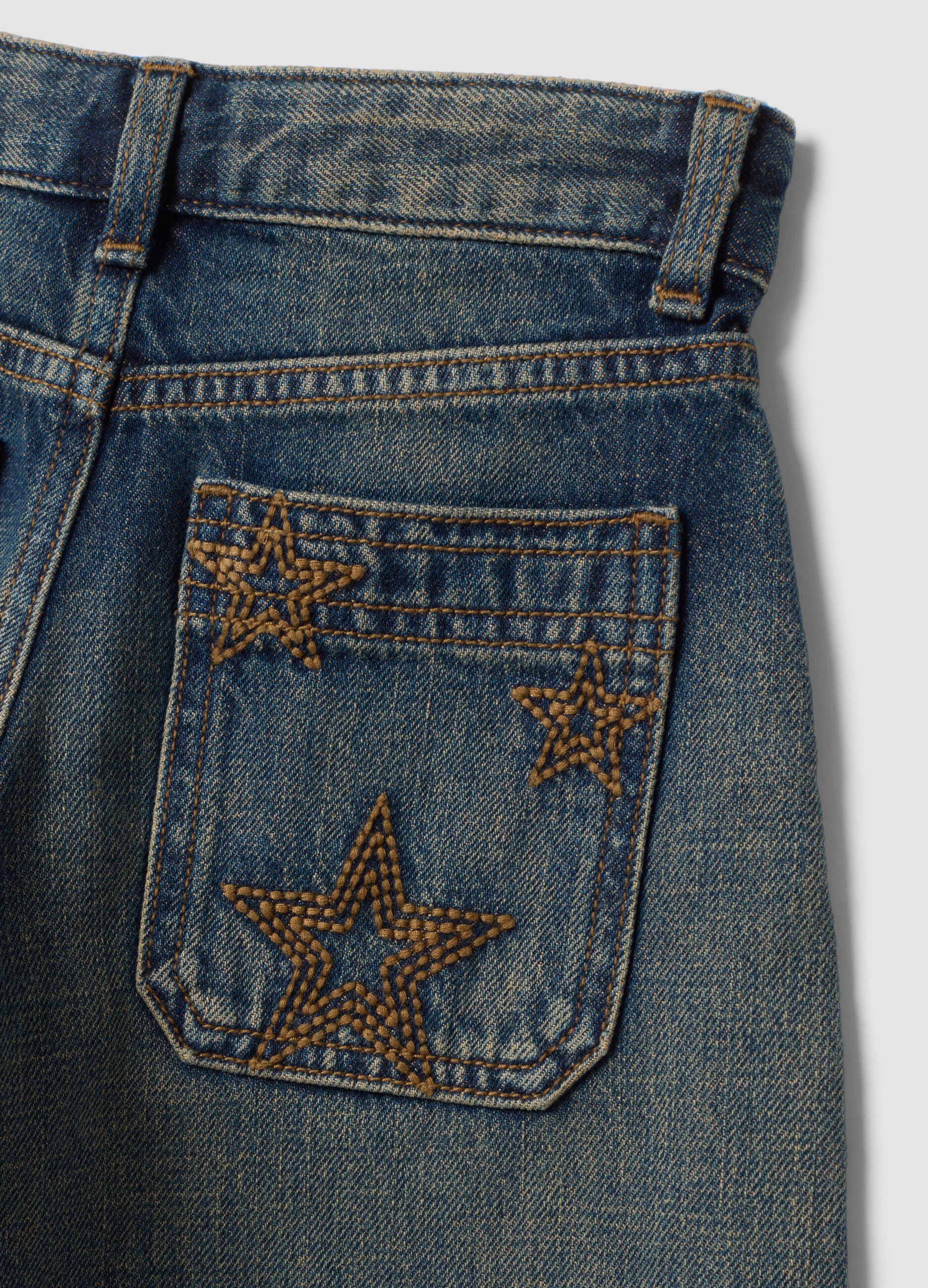 Blue denim balloon-fit pure cotton jeans with star embroidery for girls