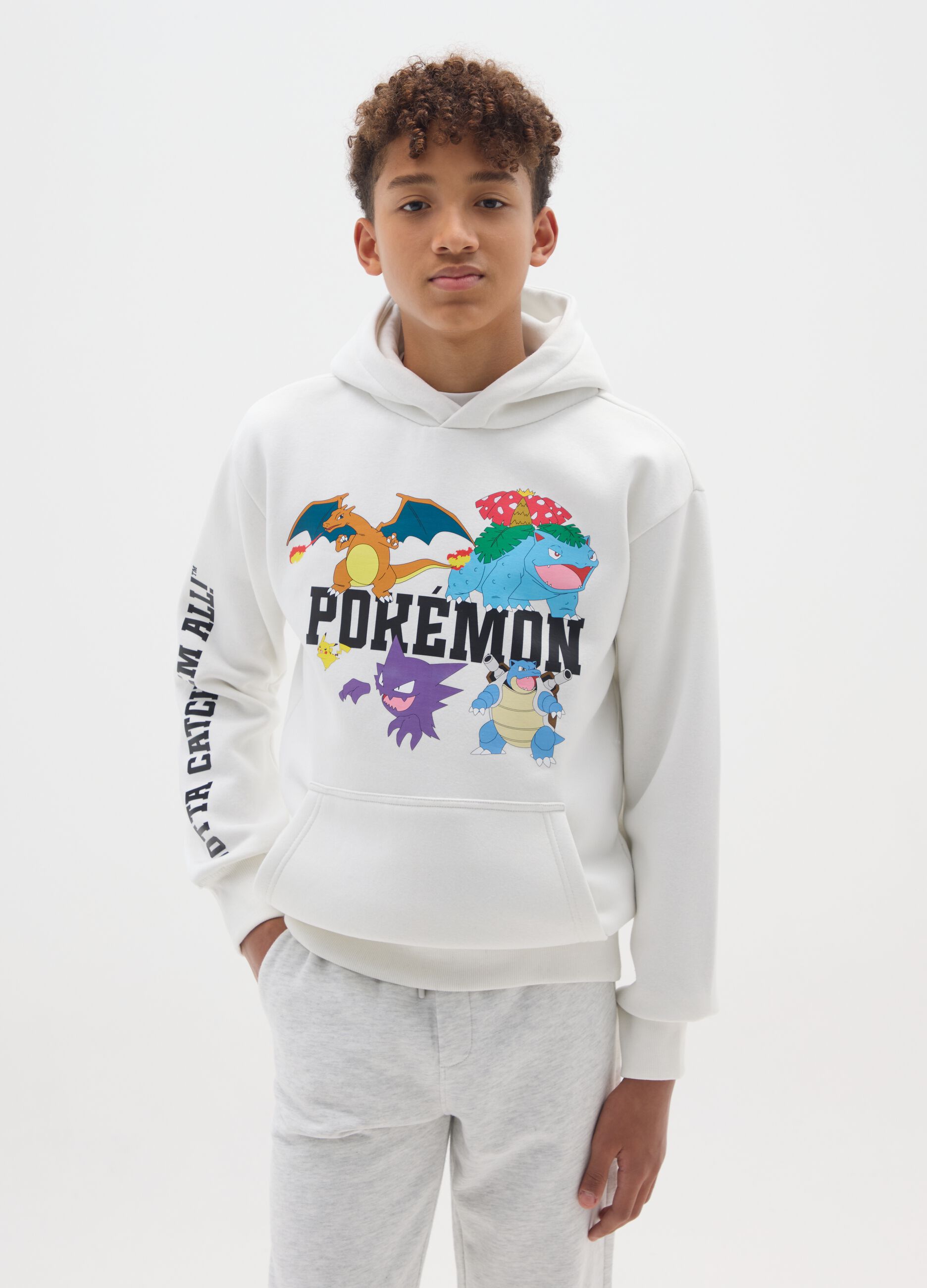 White cotton blend children's hoodie with Pokémon print