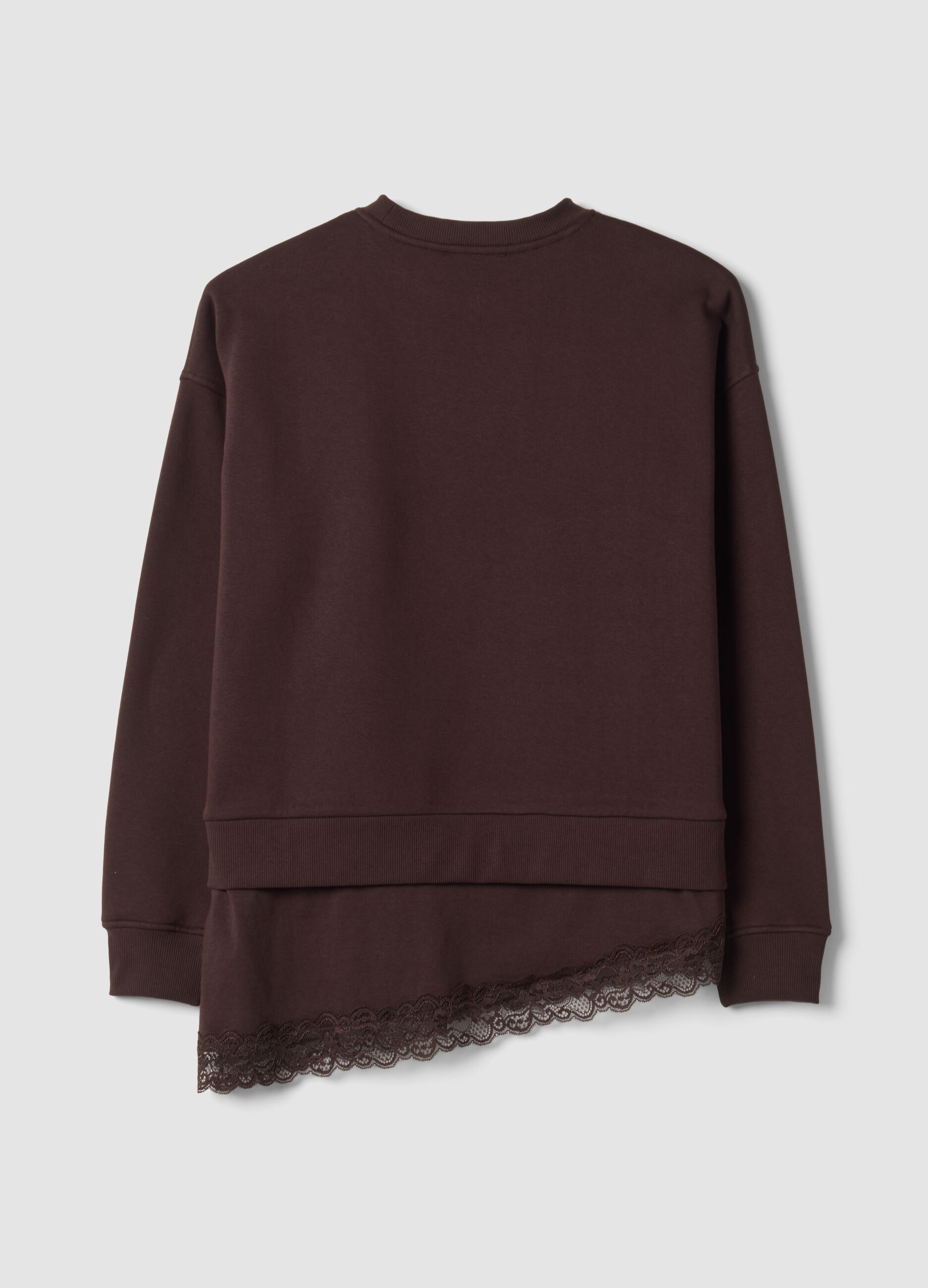 Brown cotton-blend sweatshirt with crew neck and lace detail