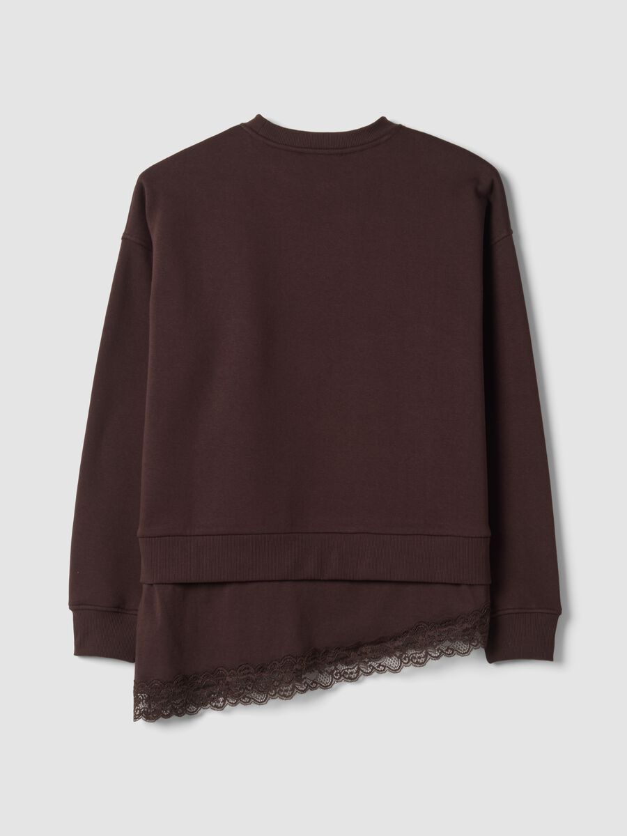 Brown cotton-blend sweatshirt with crew neck and lace detail_2