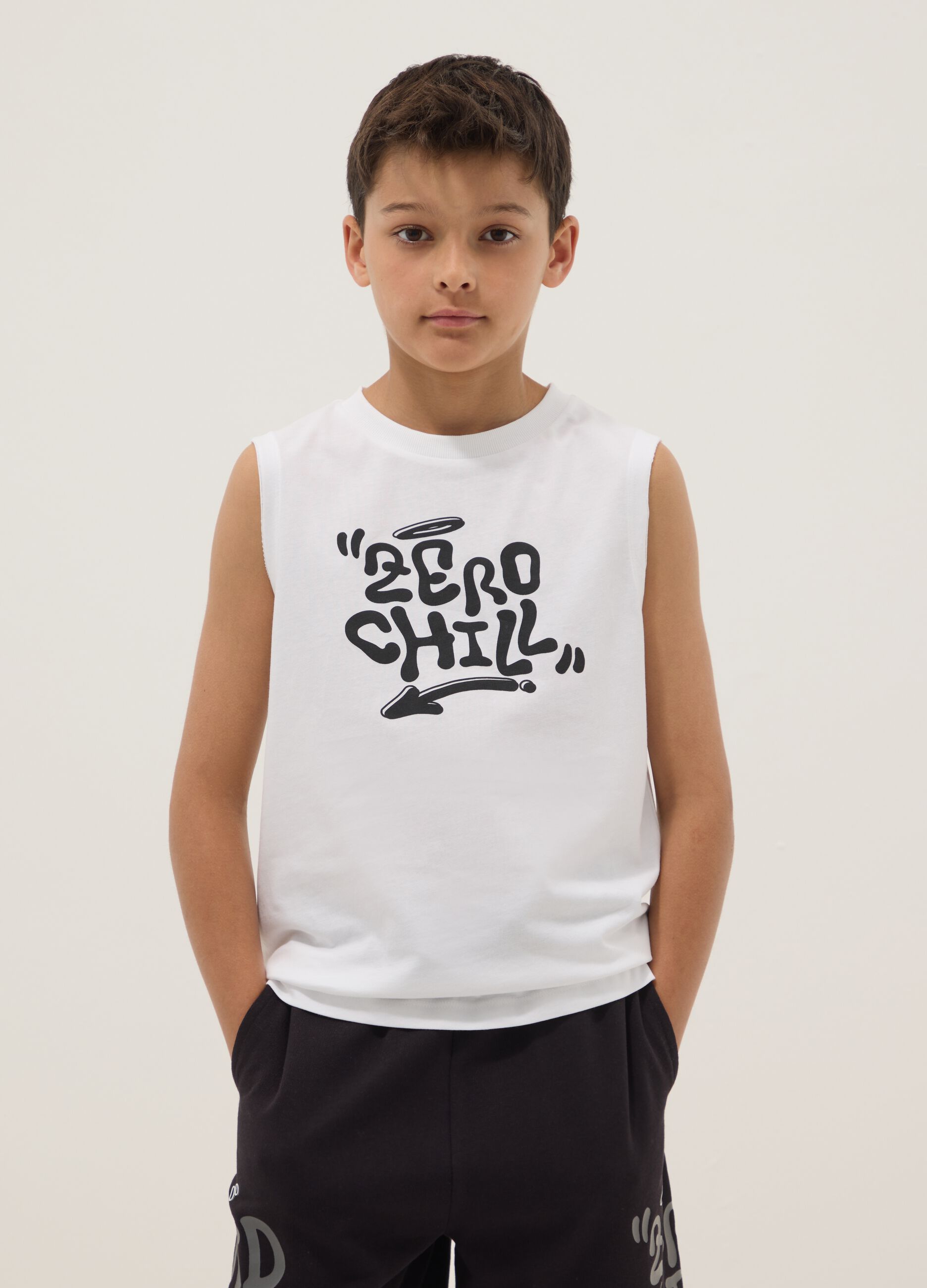 White organic cotton vest top with print