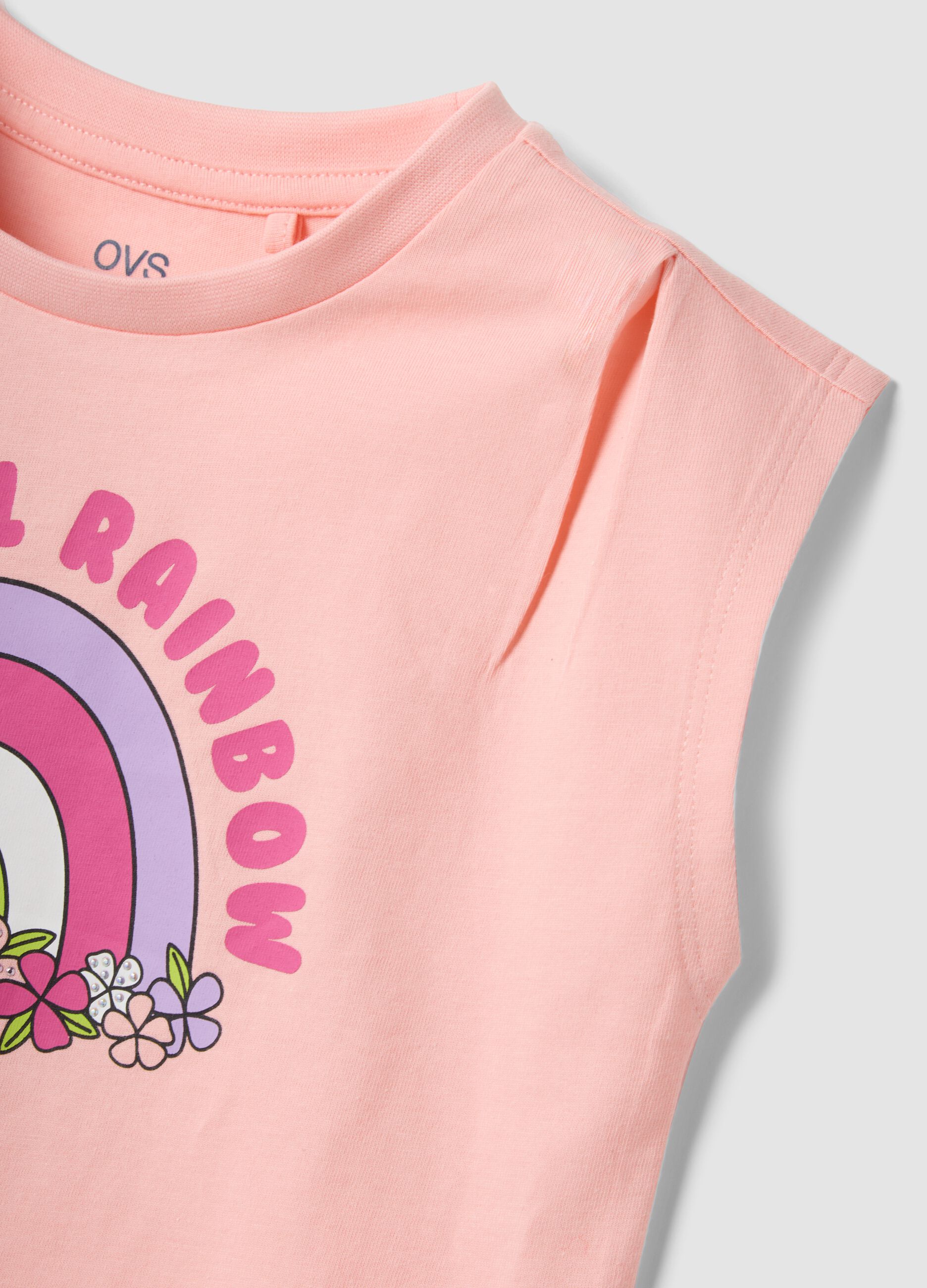 Pink pure cotton vest top with rainbow print