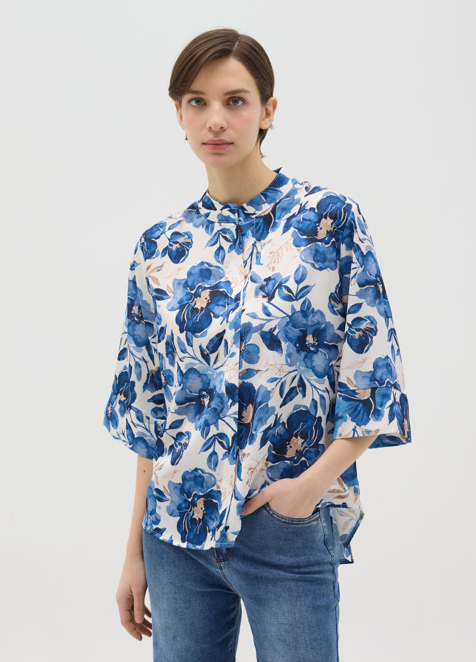 White and blue floral blouse with kimono sleeves