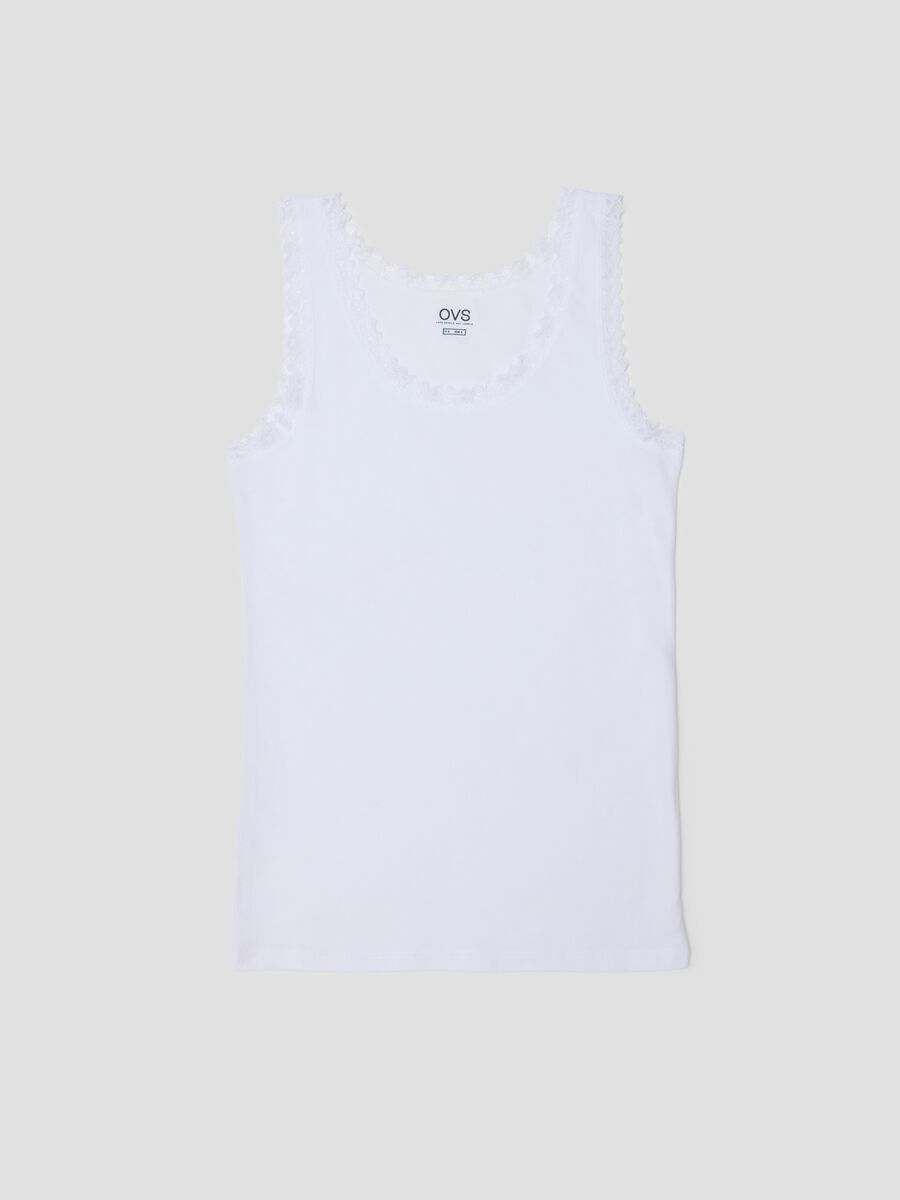 Regular fit white stretch cotton vest with lace trim_0
