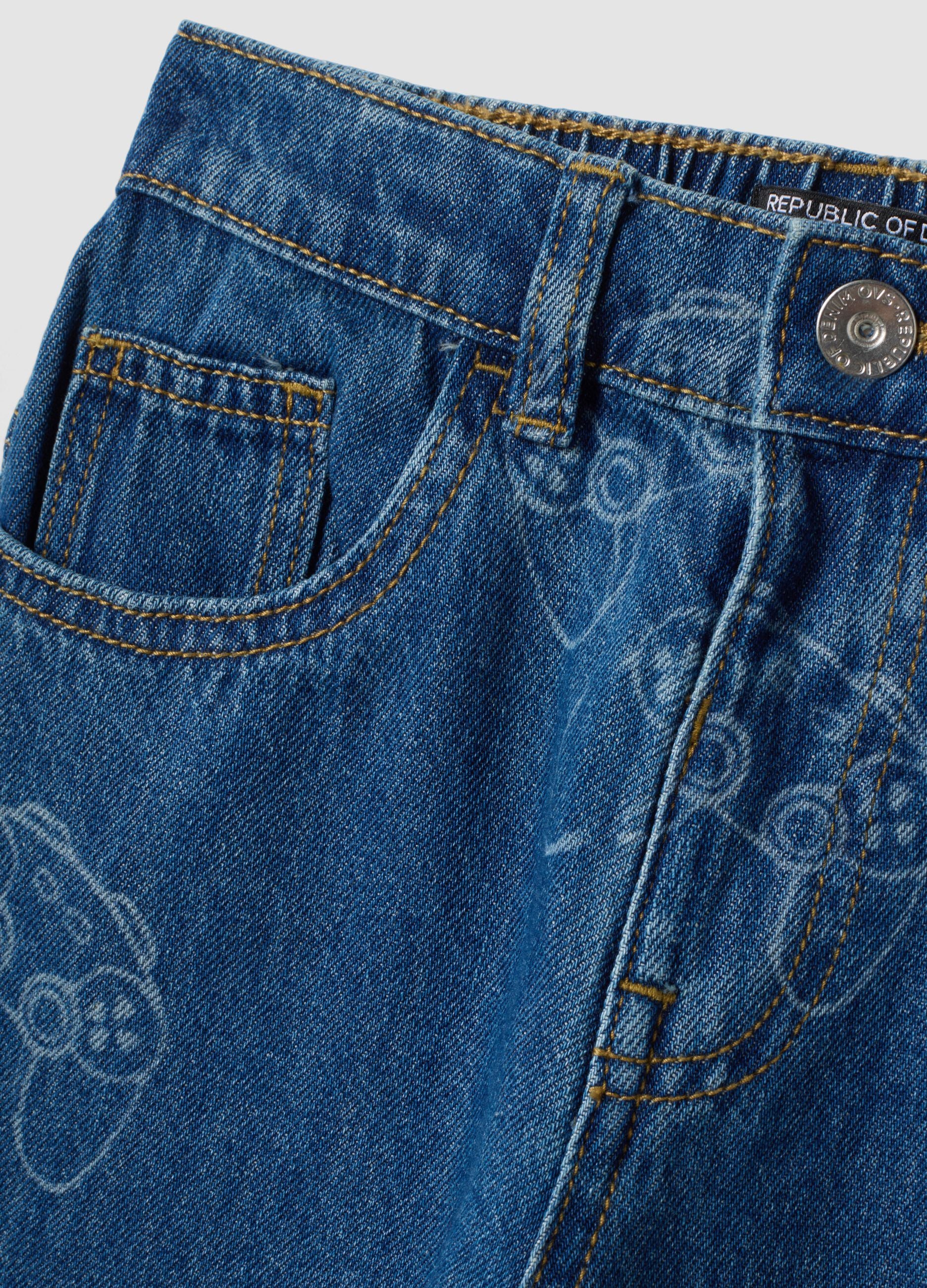 Cotton-viscose blend denim jeans with gaming print