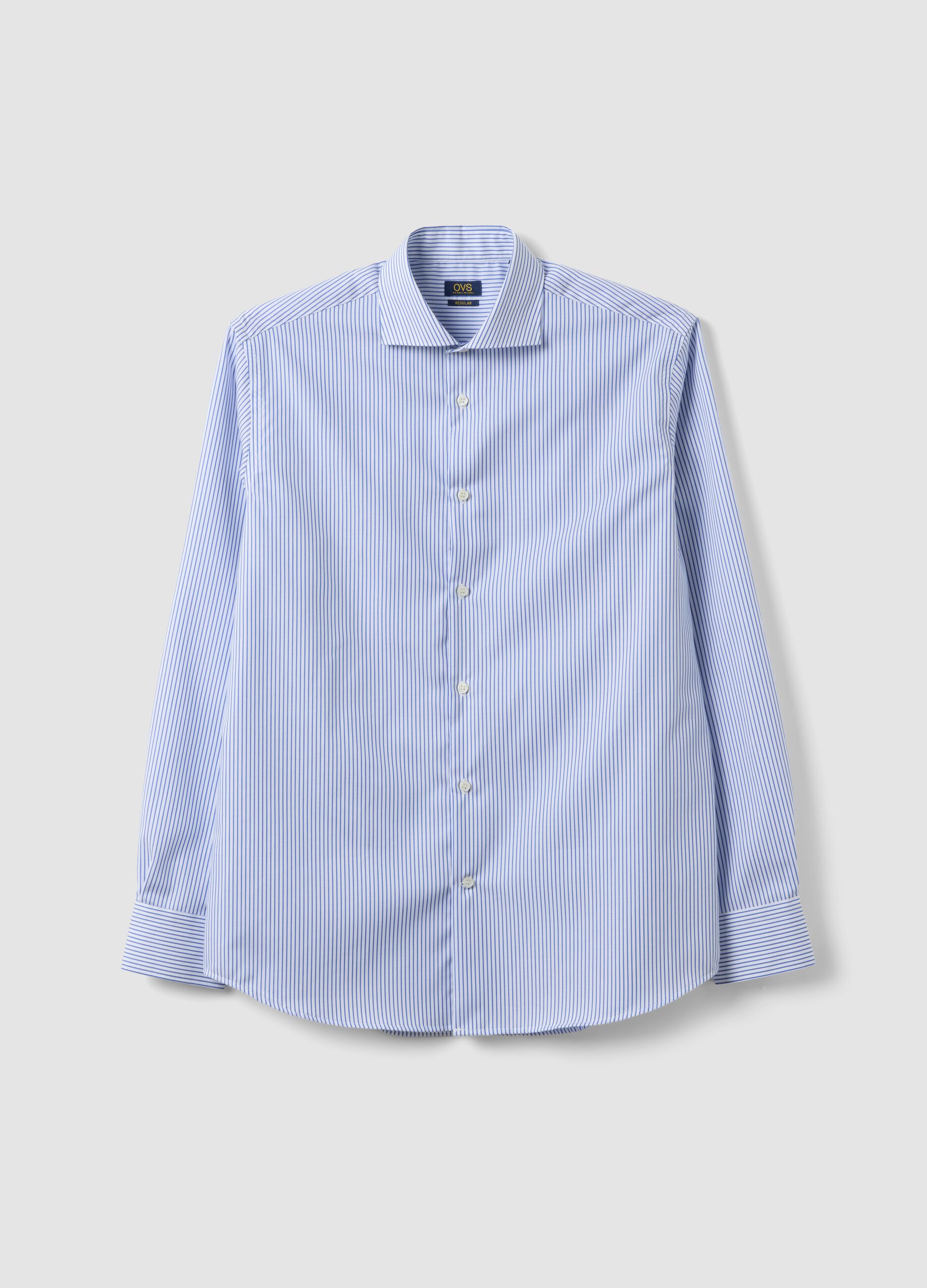 Light blue striped pure cotton dobby shirt with French collar, non-iron