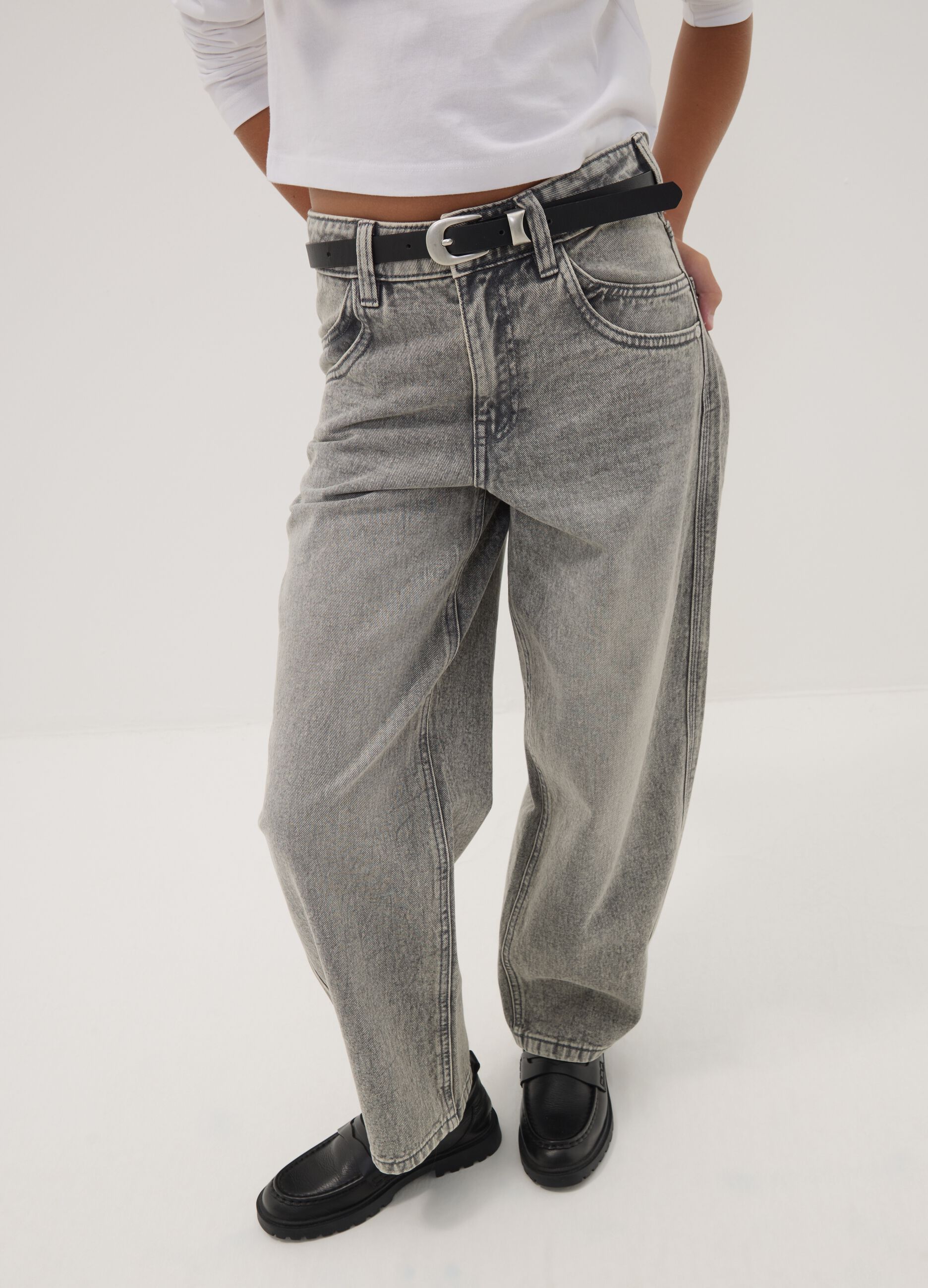 Grey pure cotton denim jeans, balloon fit