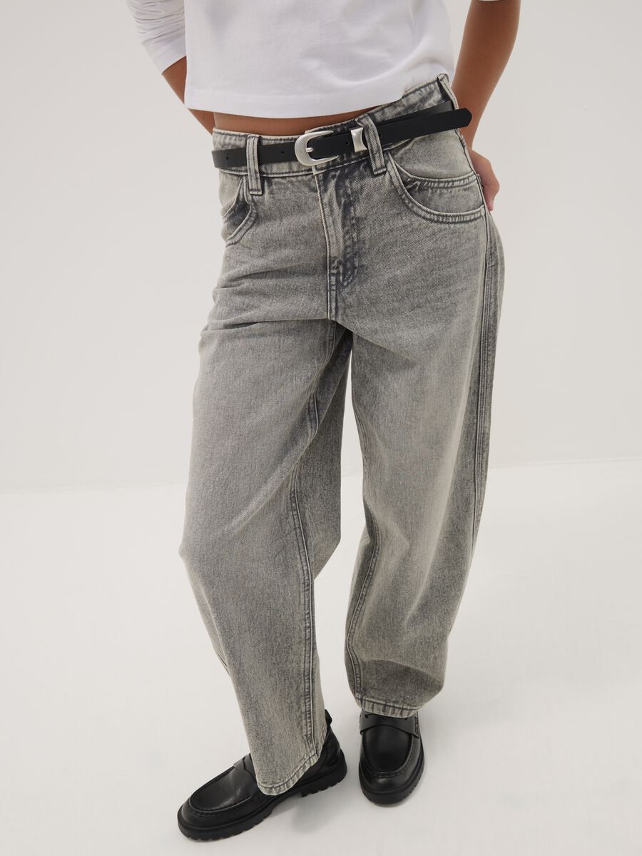Grey pure cotton denim jeans, balloon fit_2