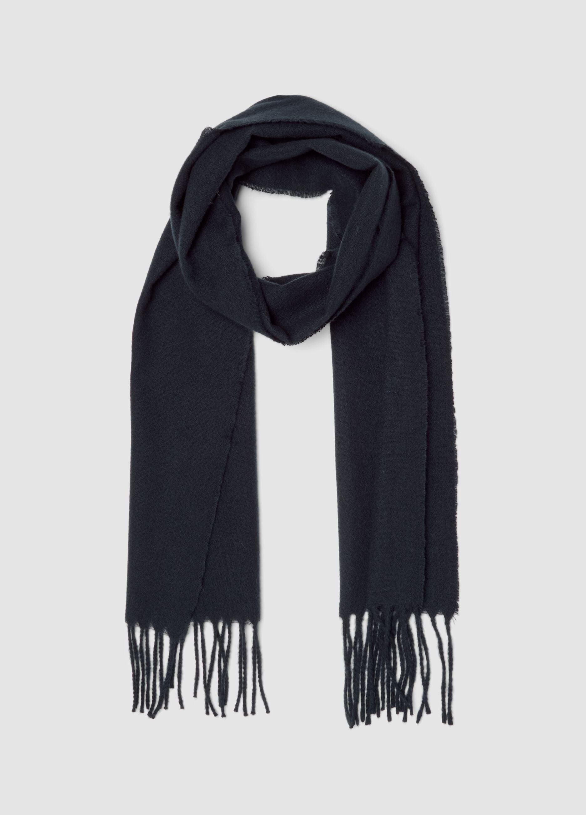Blue viscose-blend scarf with fringes