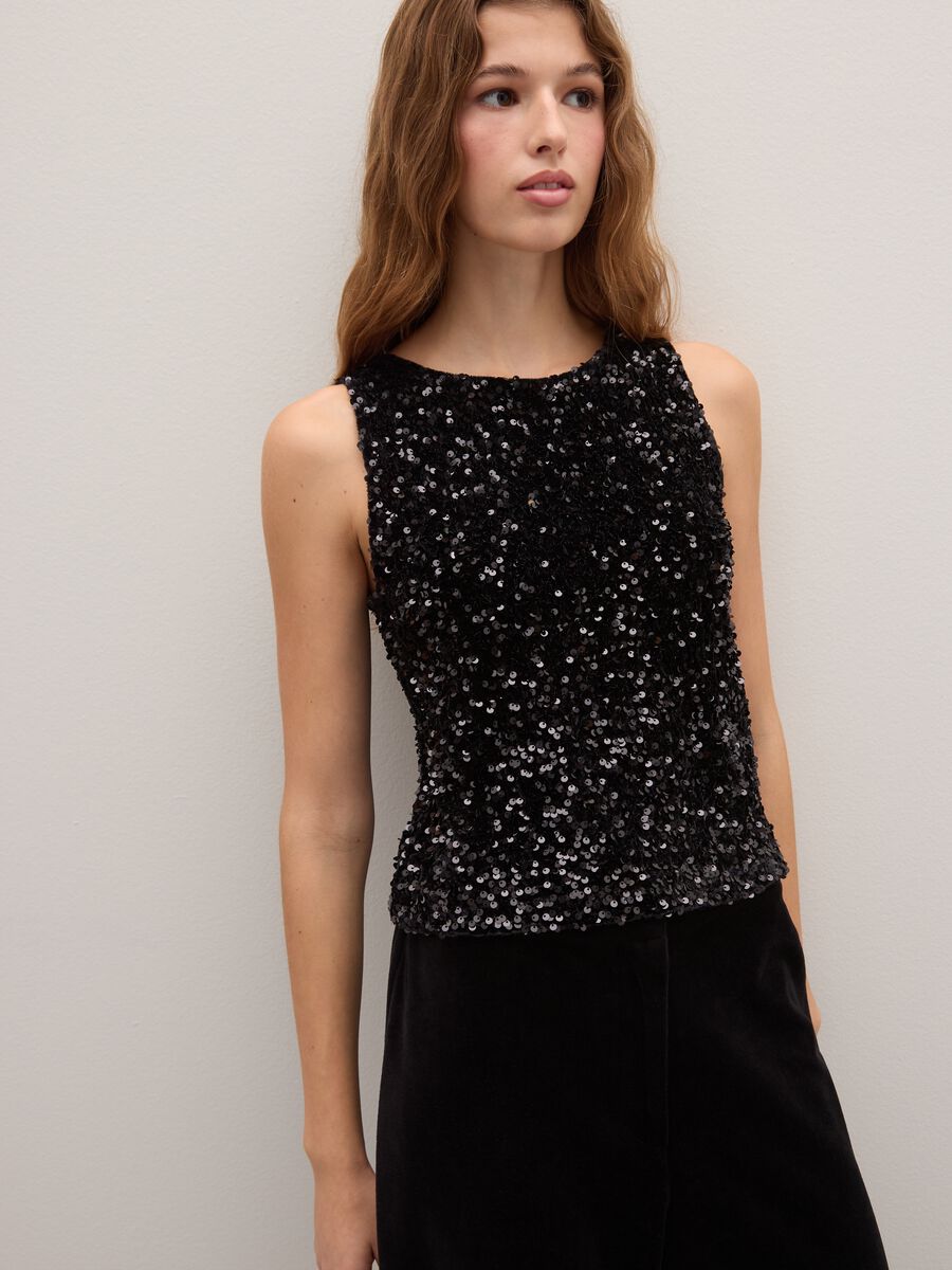 Black regular fit tank top with sequins_0