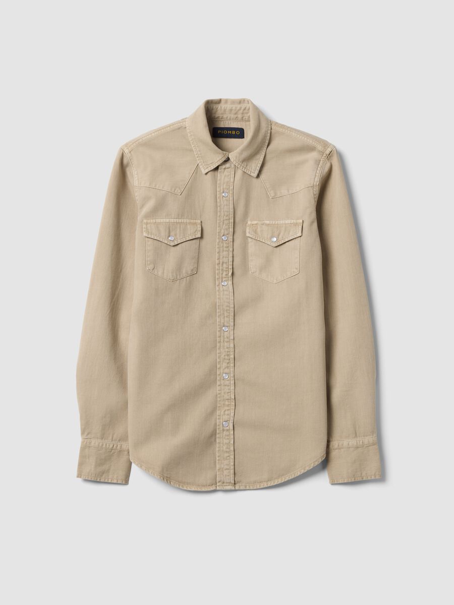 Beige pure cotton shirt with snap buttons, regular fit_0