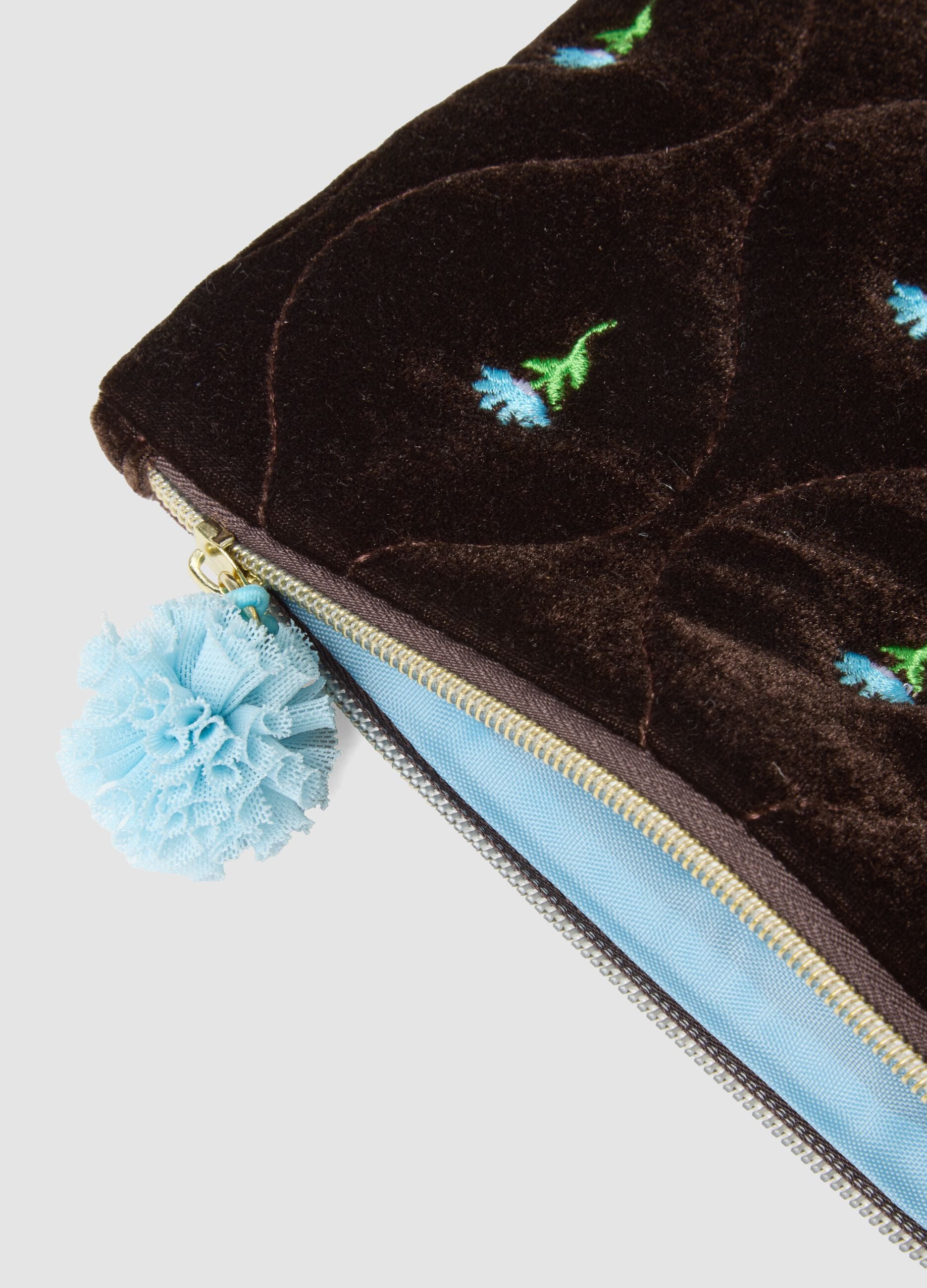 Brown and blue stretch-fabric pouch