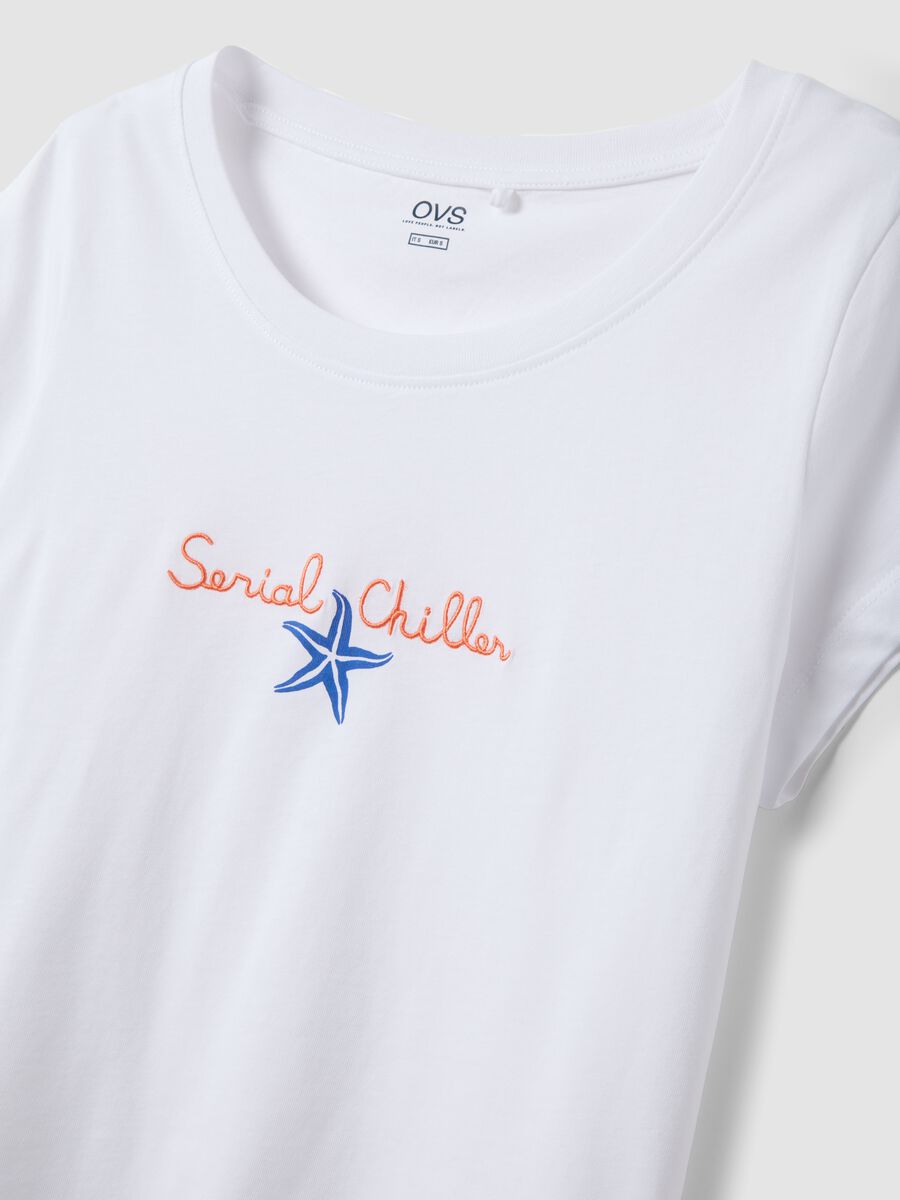 White pure cotton pyjama T-shirt, regular fit with embroidery_5