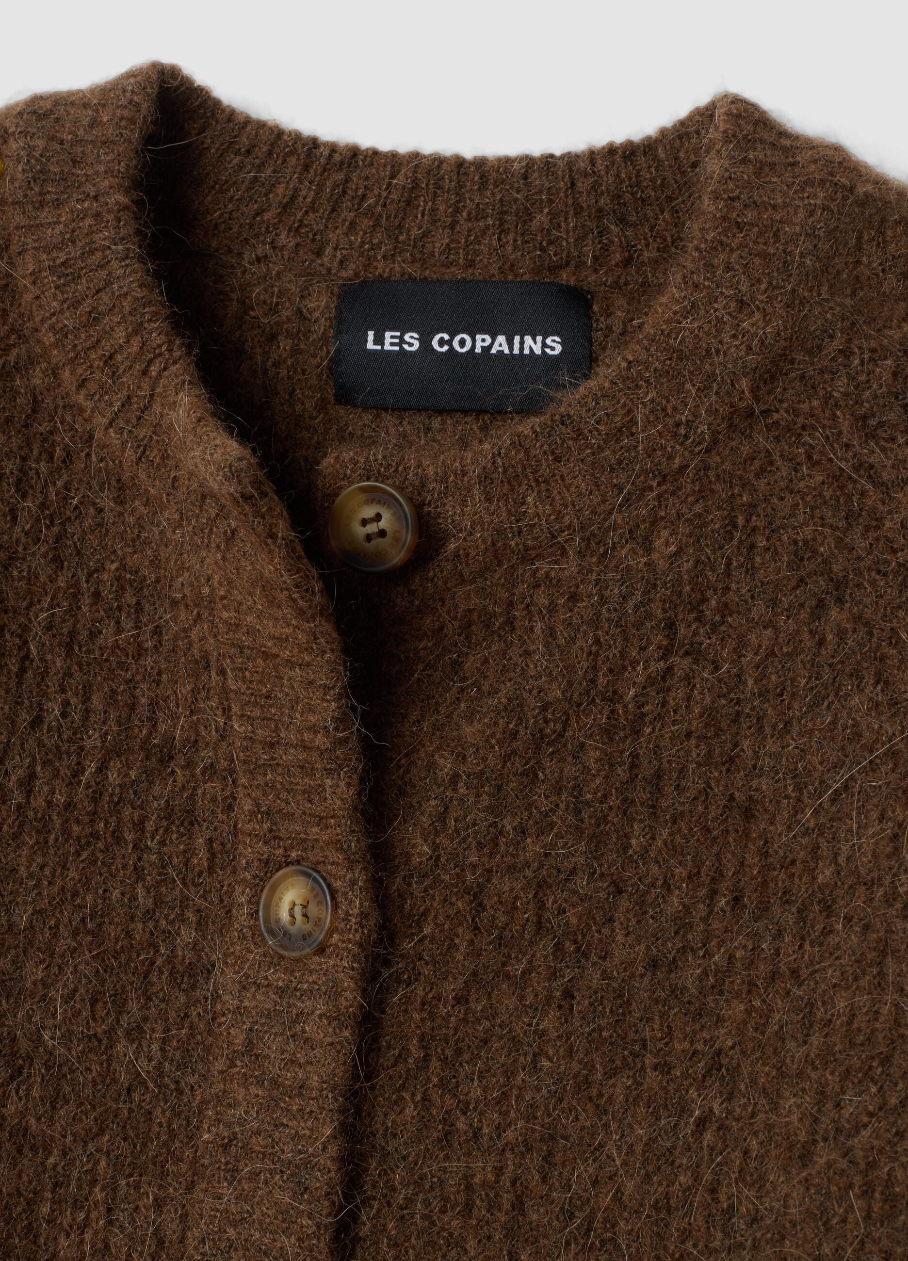 Brown stretchy wool and alpaca crew-neck cardigan