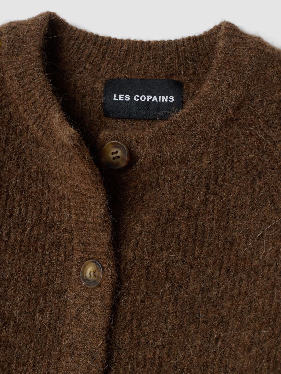 Brown stretchy wool and alpaca crew-neck cardigan_1