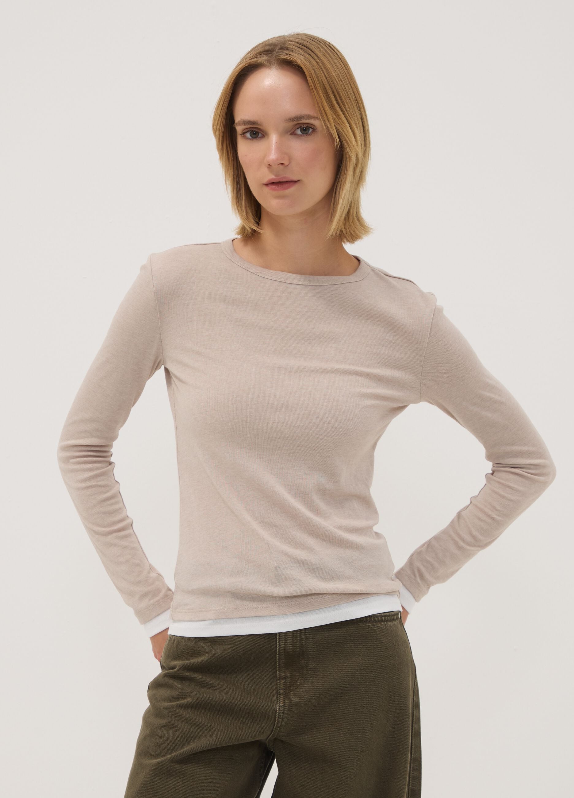 Beige cotton-blend crew-neck T-shirt